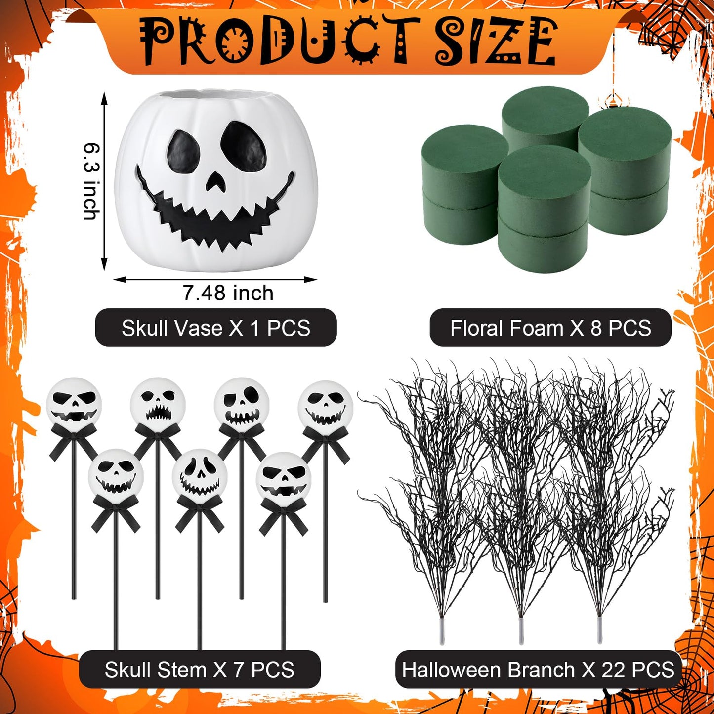 Wiwiqing Halloween Table Centerpieces Decor Resin Pumpkin Vase with Artificial Ghost Skull Face Balls Branch Flower Soil, Retro DIY Spooky Pumpkin Vase for Home Kitchen Indoor Decoration(Scary Face)