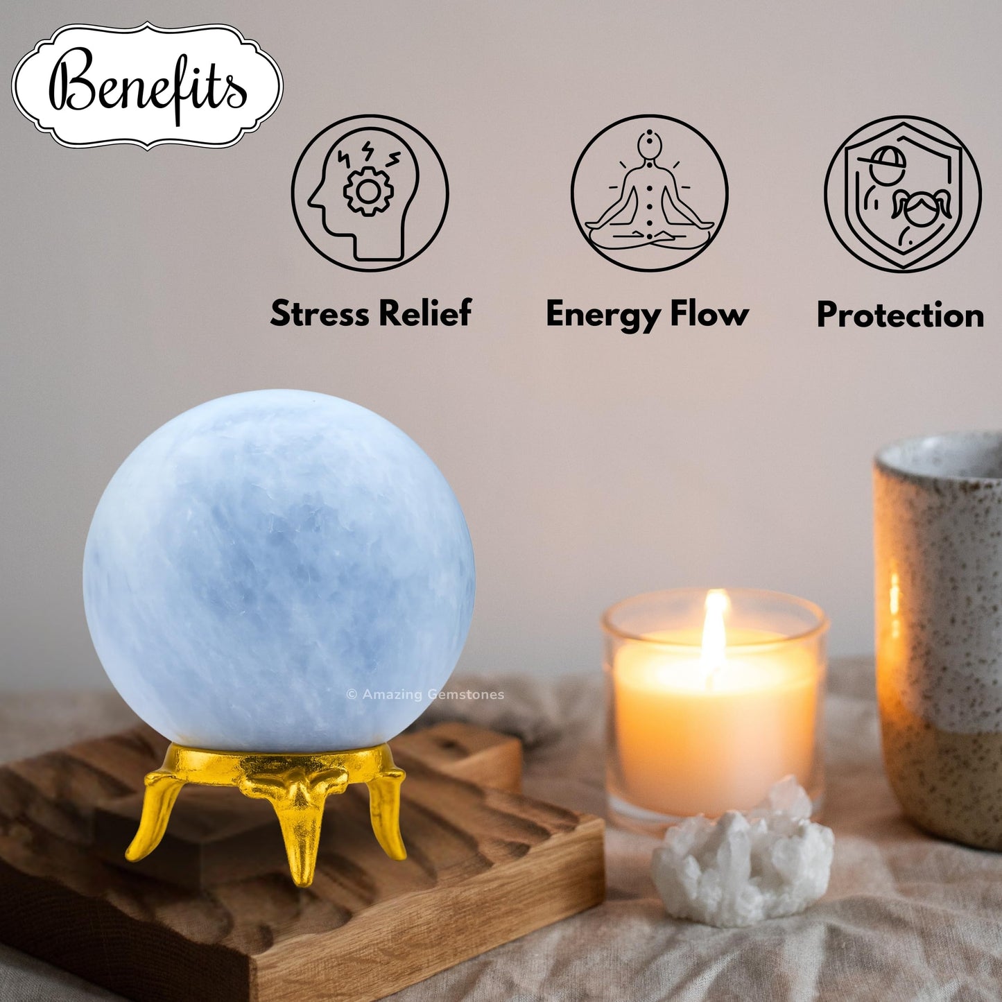 Amazing Gemstone Blue Calcite Crystal Ball with Stand - 2" Inches Crystal Sphere Meditation Balls for Witchcraft and Decorative Balls