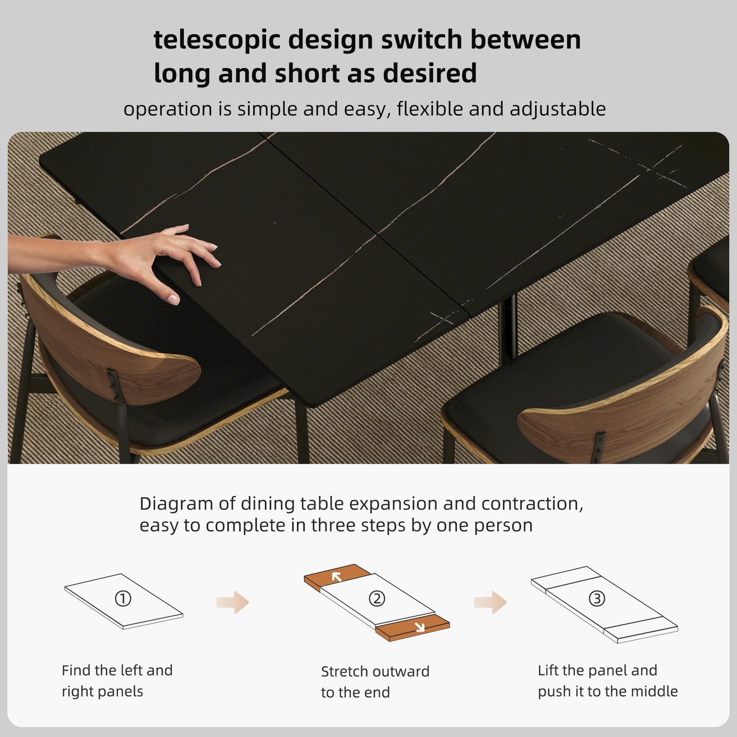 gaoyangjiaju 62.9"-94.4" Modern Extendable Dining Table for 6 to 10 Seats, Rectangular Sintered Stone Table with High Hardness and Easy Maintenance for Dining Room Family Gathering, Black Top