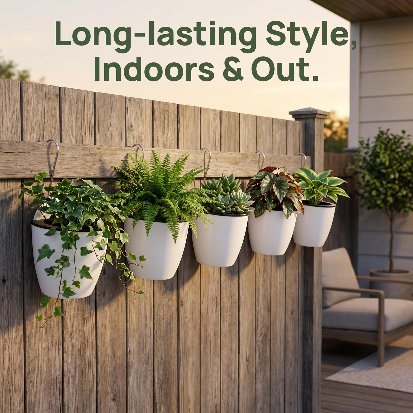 Jucoan 9 Pack Self Watering Wall Hanging Planters Pots for Indoor Plant, 5 Inch White Plastic Lazy Flower Pot with 9 Hooks for Garden Fence, Porch, Wall