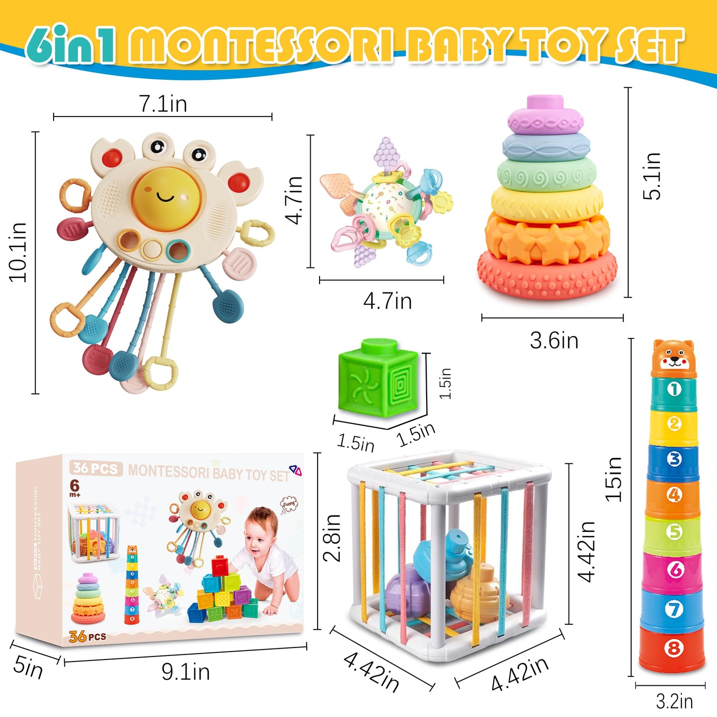 6 in1 Montessori Baby Toys 6-12 Months，Montessori Toy for Babies 6-12 Months，Incl 12pc Building Blocks &Silicone Pull String & Sensory Cube & Manhattan Ball& 2 Stacking Toys. Baby Development Toys