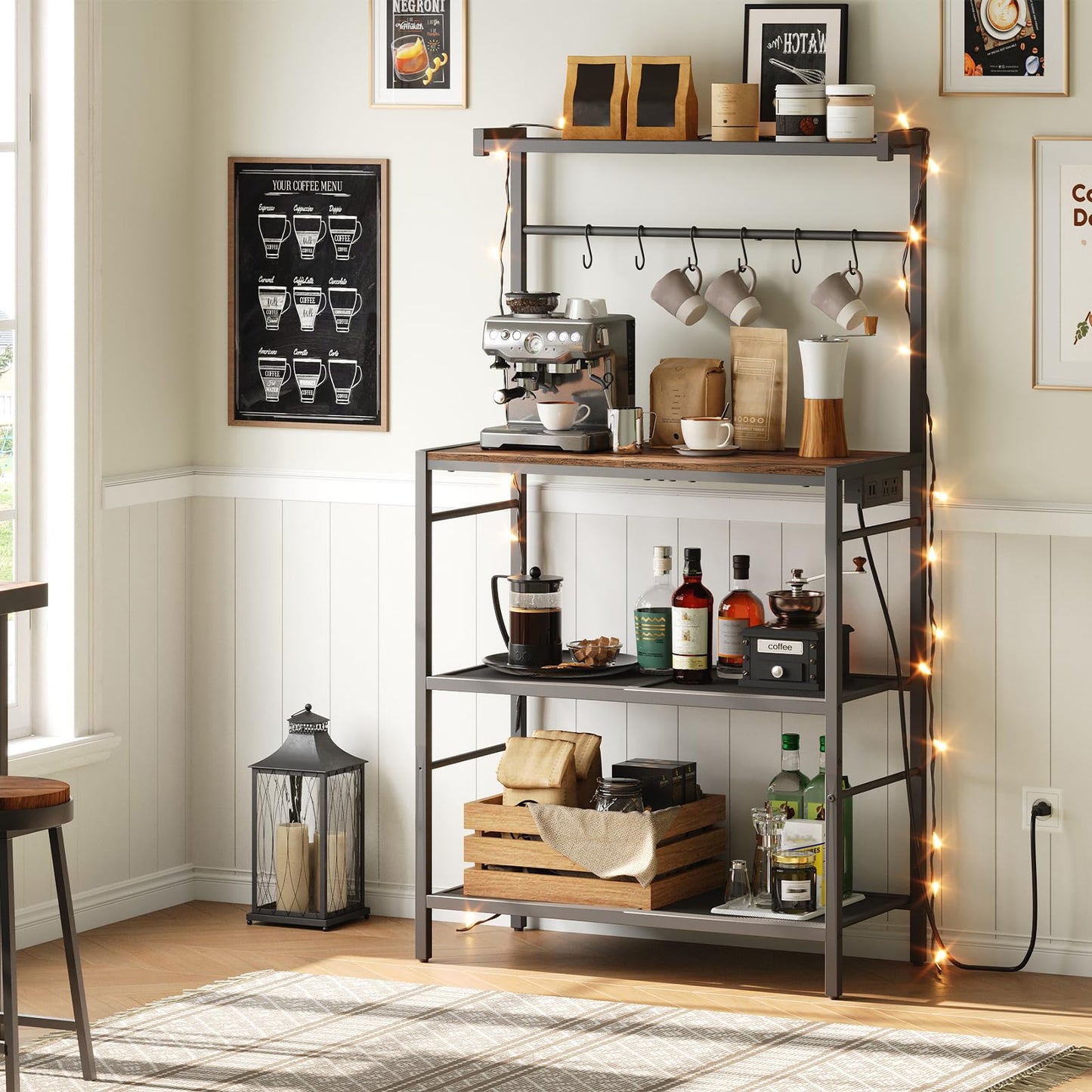 MAHANCRIS Bar Cart for Home and Bakers Rack with Power Outlet Bundle, Microwave Stand with Storage, RCJM6101-BRHR351E01