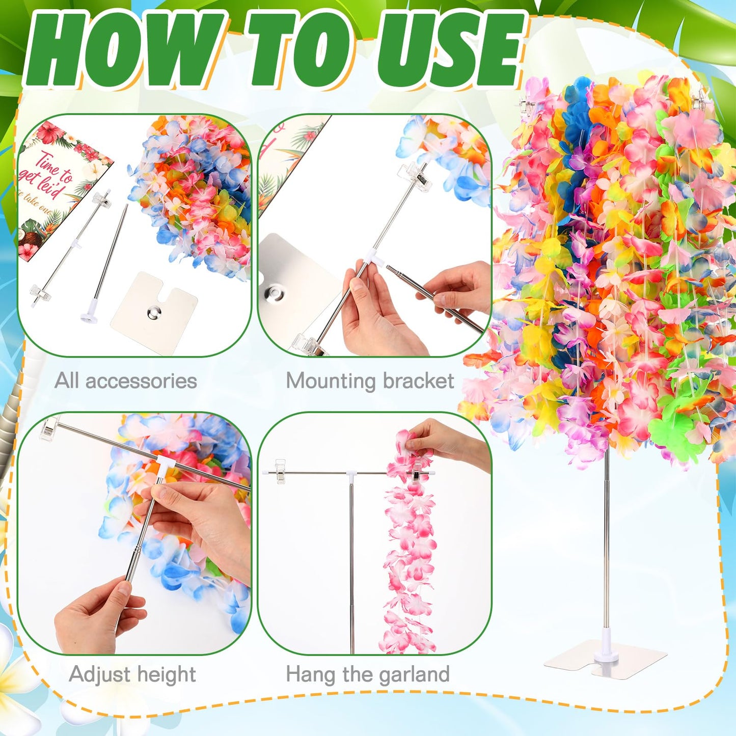 Suncalla 26 Pack Hawaiian Leis Luau Party Decoration Set Include 24 Pcs Hawaiian Leis 1 Pcs Wreath Stand ( Adjustable Base) 1 Pack Luau Party Welcome Wooden Signs for Summer Tropical Flower Lei Shows