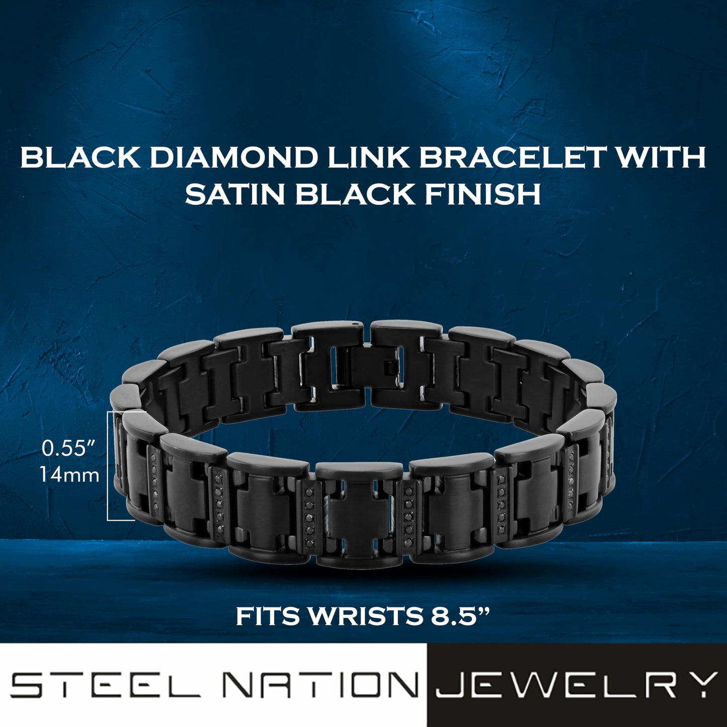 Men's 14MM Wide Black Stainless Steel Link with 0.50ctw Black Diamond Satin Finish 8.5" Bracelet