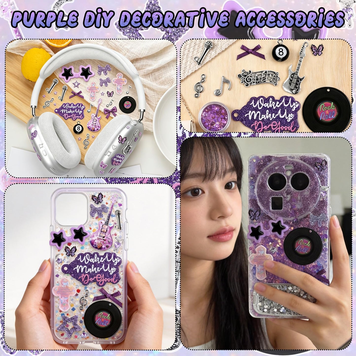 Prdingfy Purple Junk Case Charms Kit - DIY Phone Charms & Nail Art Accessories with 3D Flatback Decorations, Cute Bows & Letter Beads for Customizing Phone Cases, Crafts, Valentine's Day Gifts