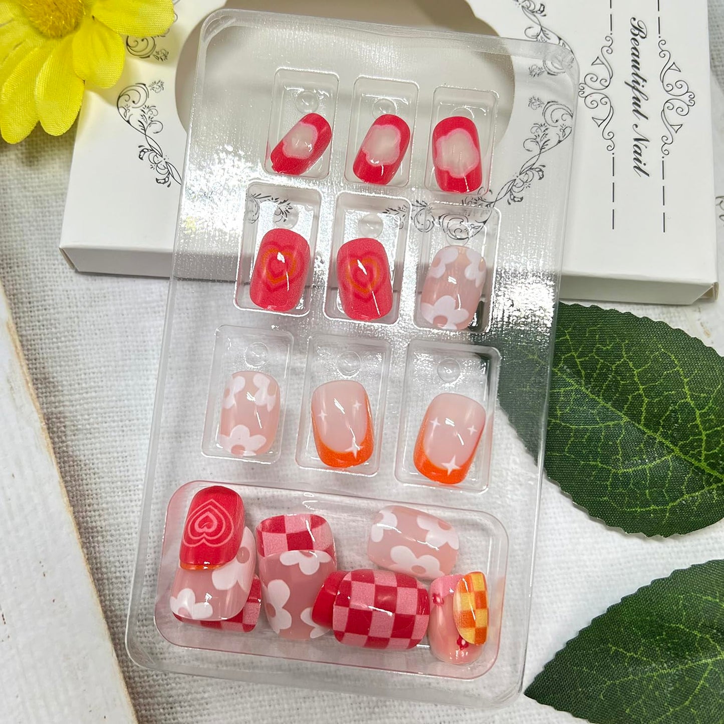 Flower Press on Nails Short Square Fake Nails with Heart Checkered Design Cute Floral False Nail Spring Stick on Nail for Women 24Pcs