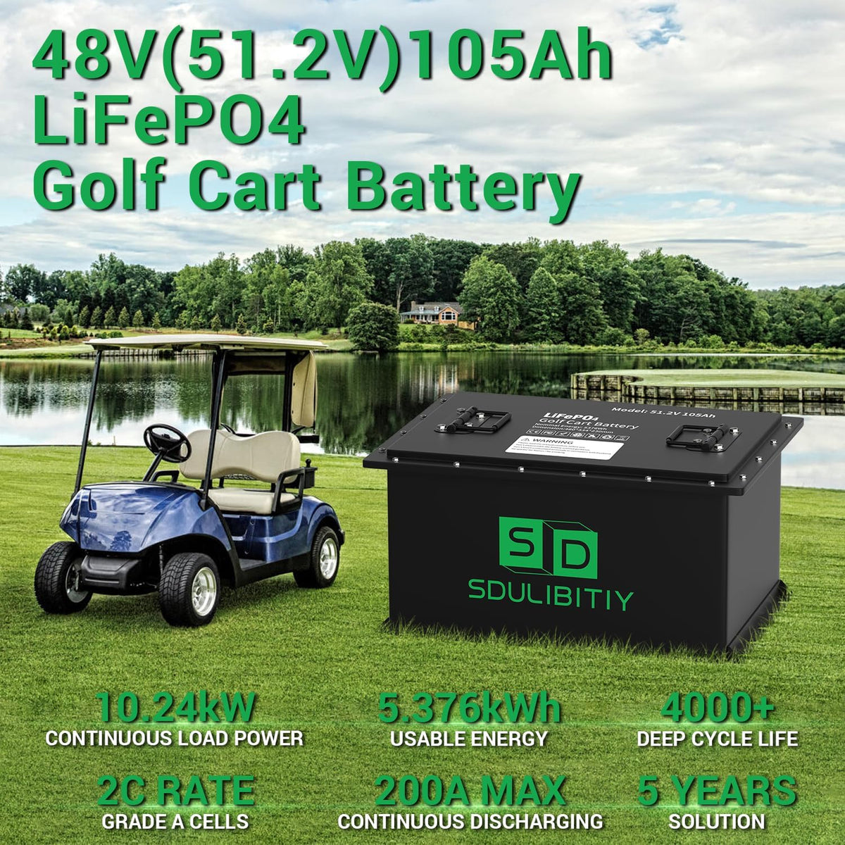 48V 105Ah LiFePO4 Lithium Golf Cart Battery, Built-in Smart 200A BMS, with Touch Monitor, Mobile APP, 4000+ Cycles Rechargeable Lithium Golf Cart Battery, Max 10.24kW Power Output for Golf Cart