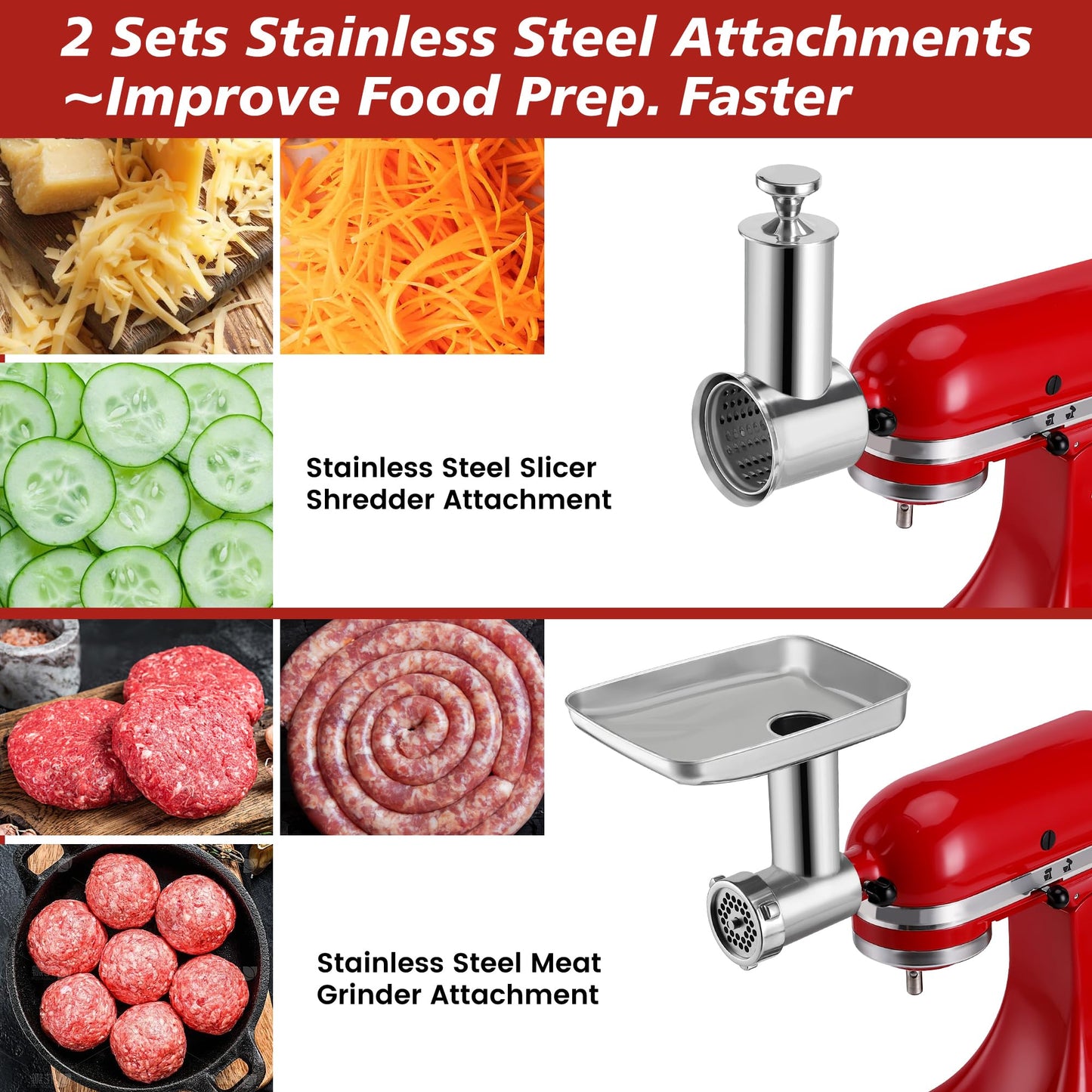 Durable Meat Grinder & Slicer Shredder Attachments Set for Kitchenaid Mixers,Dishwasher Safe Stainless Steel Packs with Cheese Grater & Sausage Stuffer Accessories