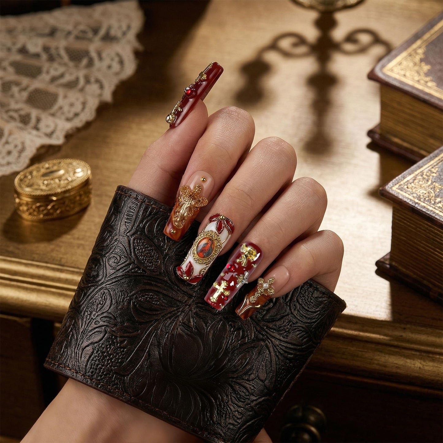 Handmade Gothic Press on Nails, Gold Cross Charm Long Square Nails, Luxury 3D Sacred Heart Angel Design False Nails, Reusable Full Cover 10pcs Set – Appife