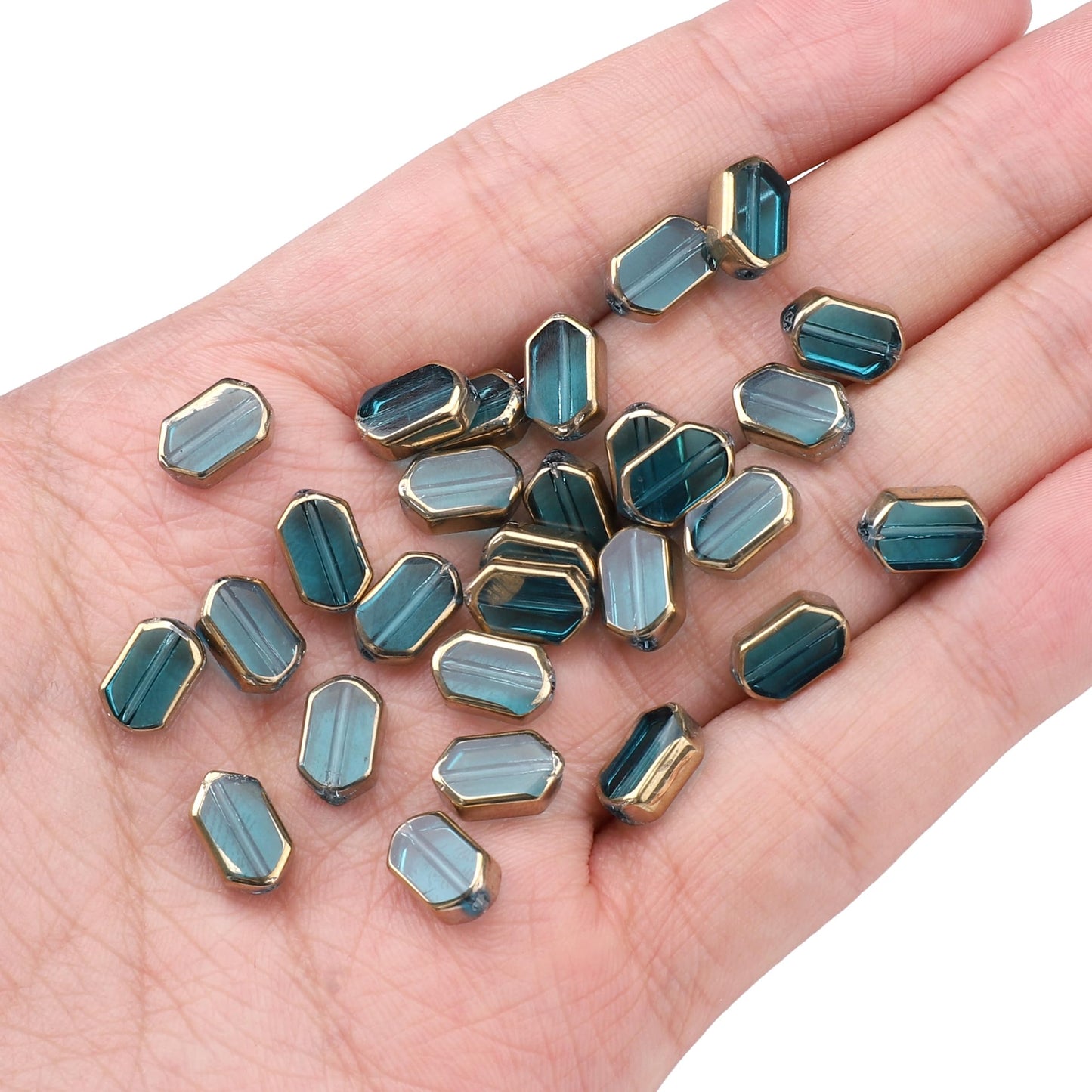 DADIFEN Glass Octagon Beads Lake Blue 6x9mm 28pcs Rectangle Golden Edge Crystal Loose Beads for DIY Craft Jewelry Making