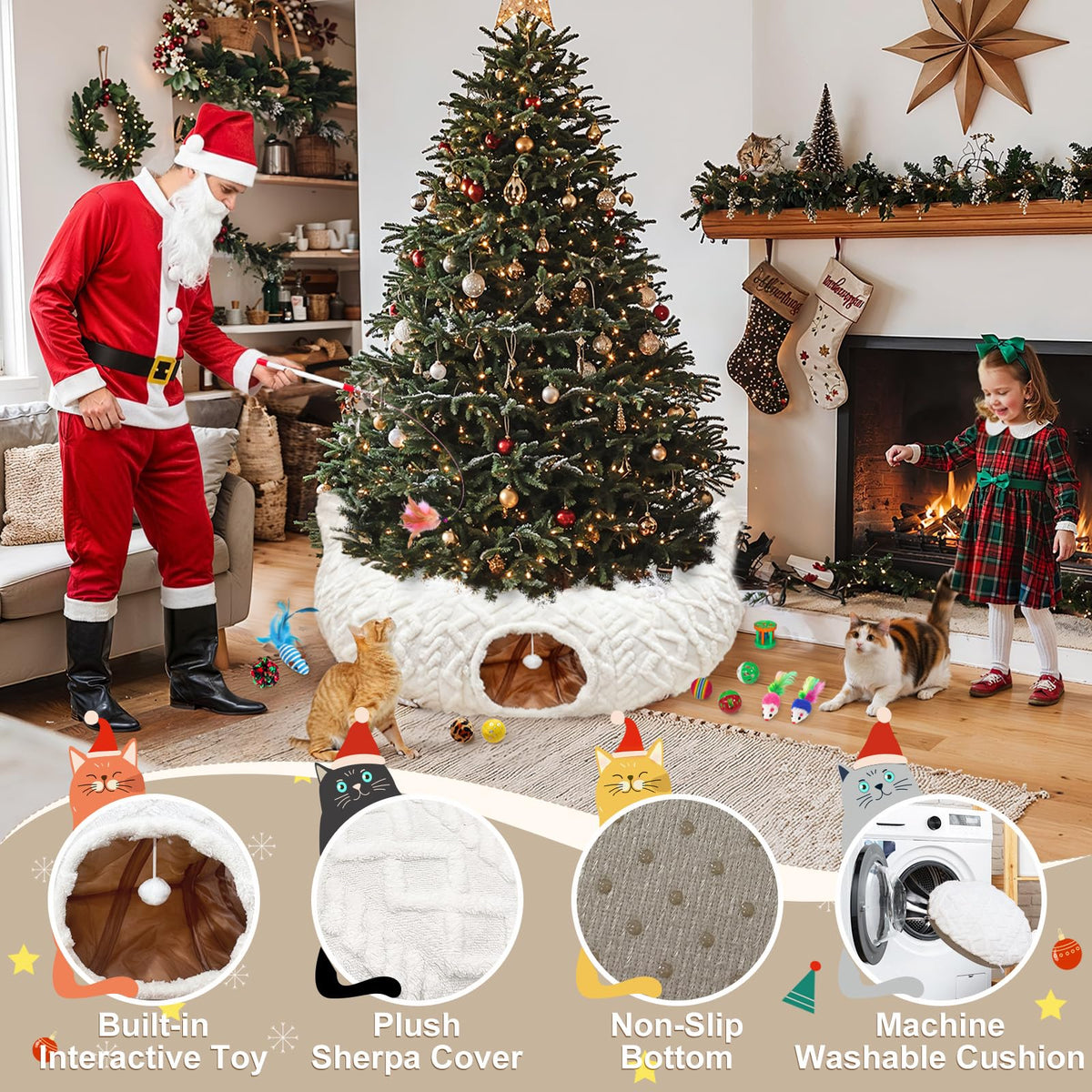 White Plush Christmas Cat Tunnel Tree Skirt with 11Pcs Interactive Cat Toys