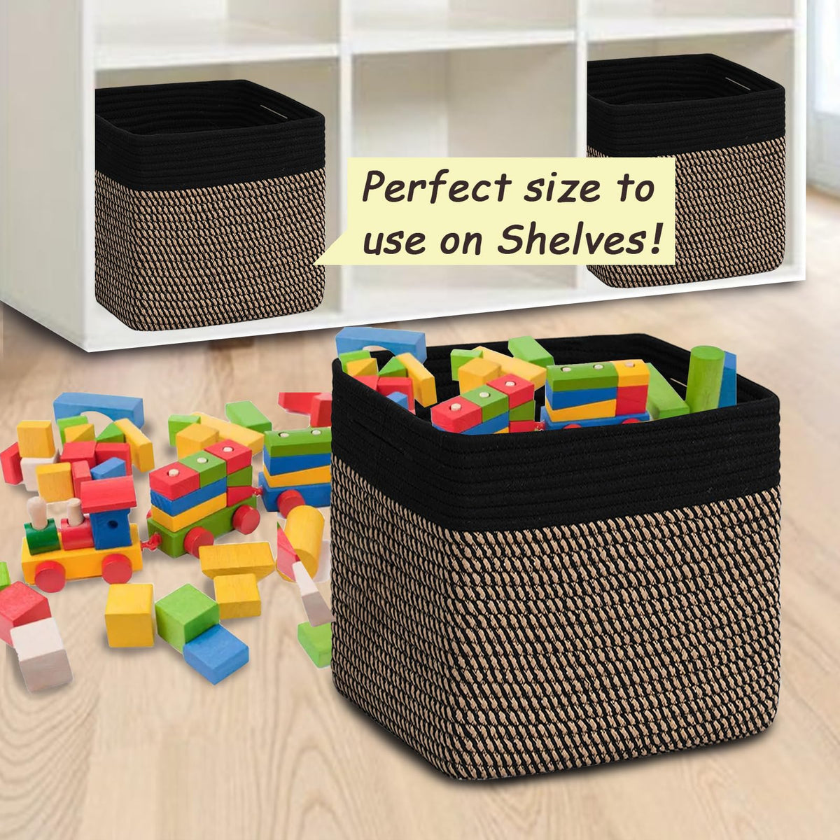 3PACK Cotton Rope Square Basket with Handles for Shelves