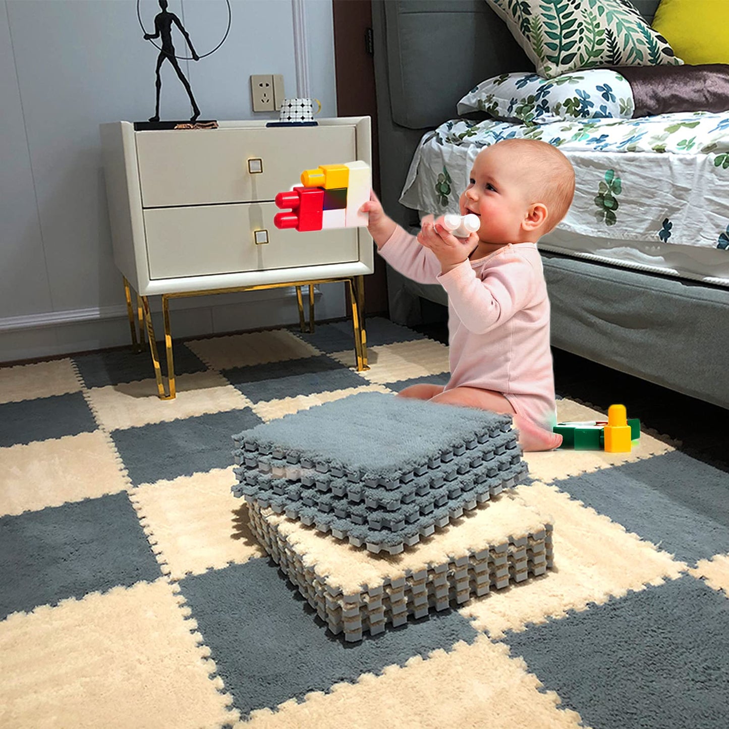 12 pcs Thickened Plush Interlocking Floor Mat 0.6" Thick- Fluffy Square Tiles with 12 Edgings Soft Anti-Slip Puzzle Area Rug Playmat for Room (11.8", Gray & Light Brown)