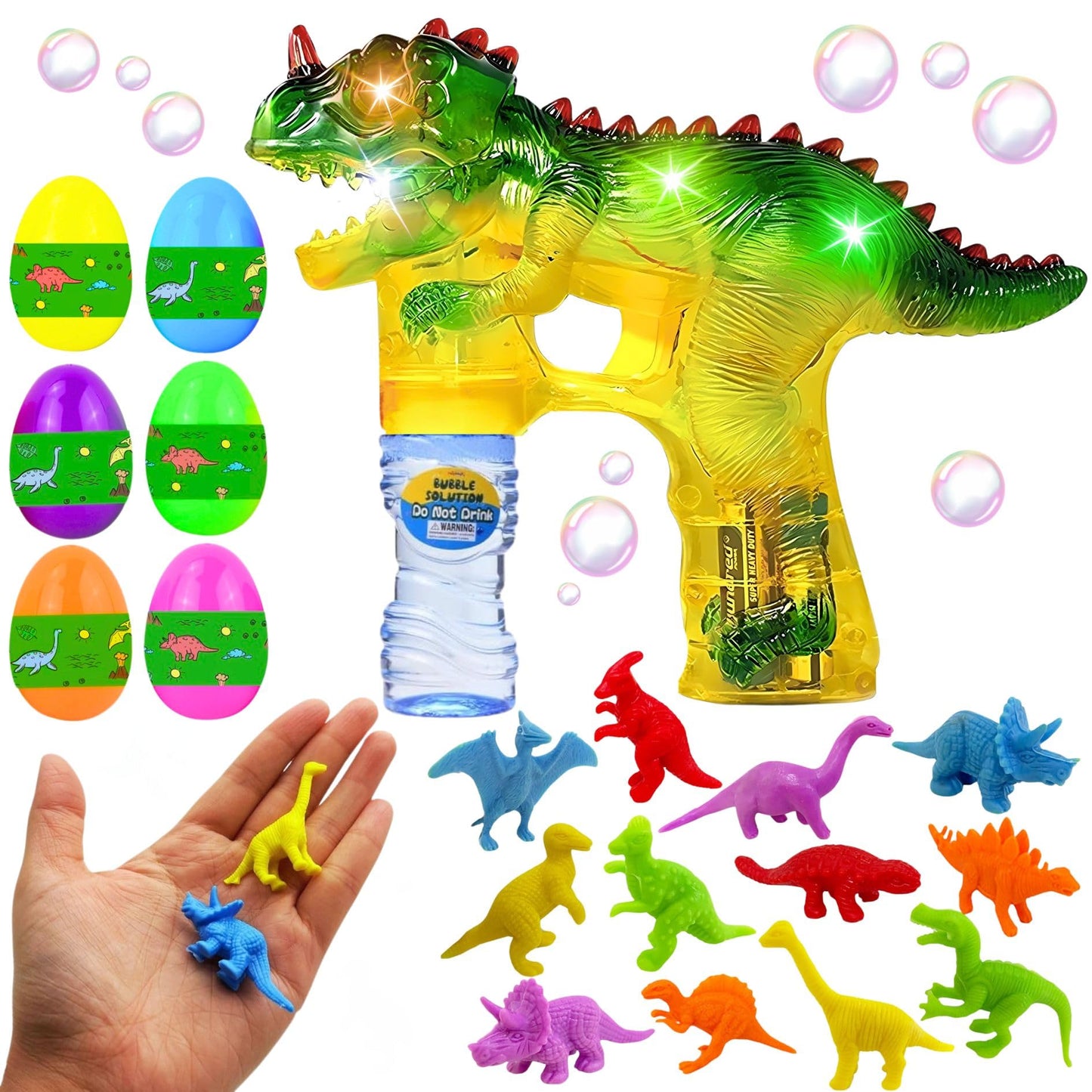 Haktoys Dinosaur Bubble Gun for Kids Automatic Bubble Machine Toy, Outdoor Bubble Maker Blower for Toddlers Boys Girls Backyard Play, 1 Pack with Figurines