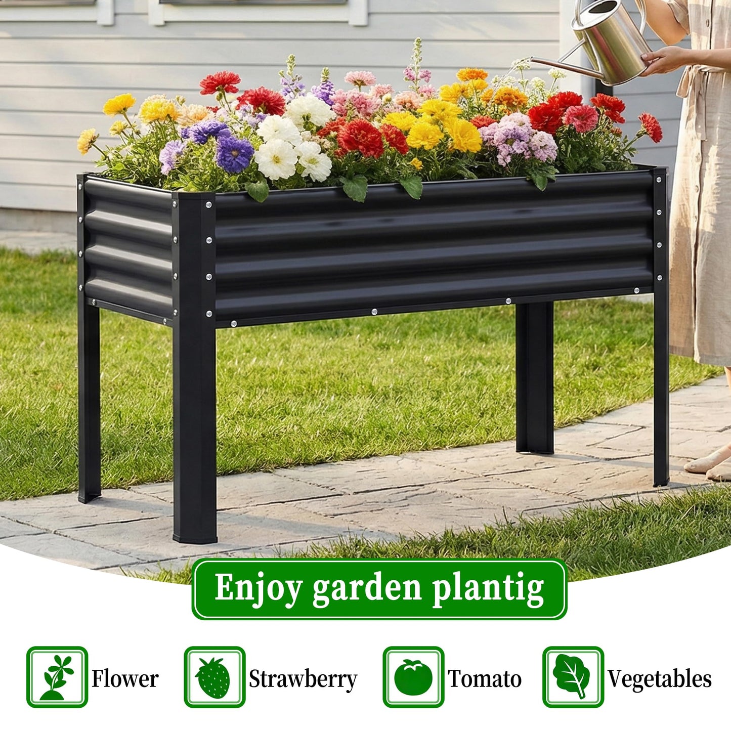 Chuangshuo Guard Galvanized Raised Garden Bed with Legs, 48×24×32in Large Metal Elevated Raised Planter Box with Drainage Holes for Backyard, Patio, Balcony, 400lb Capacity,Black