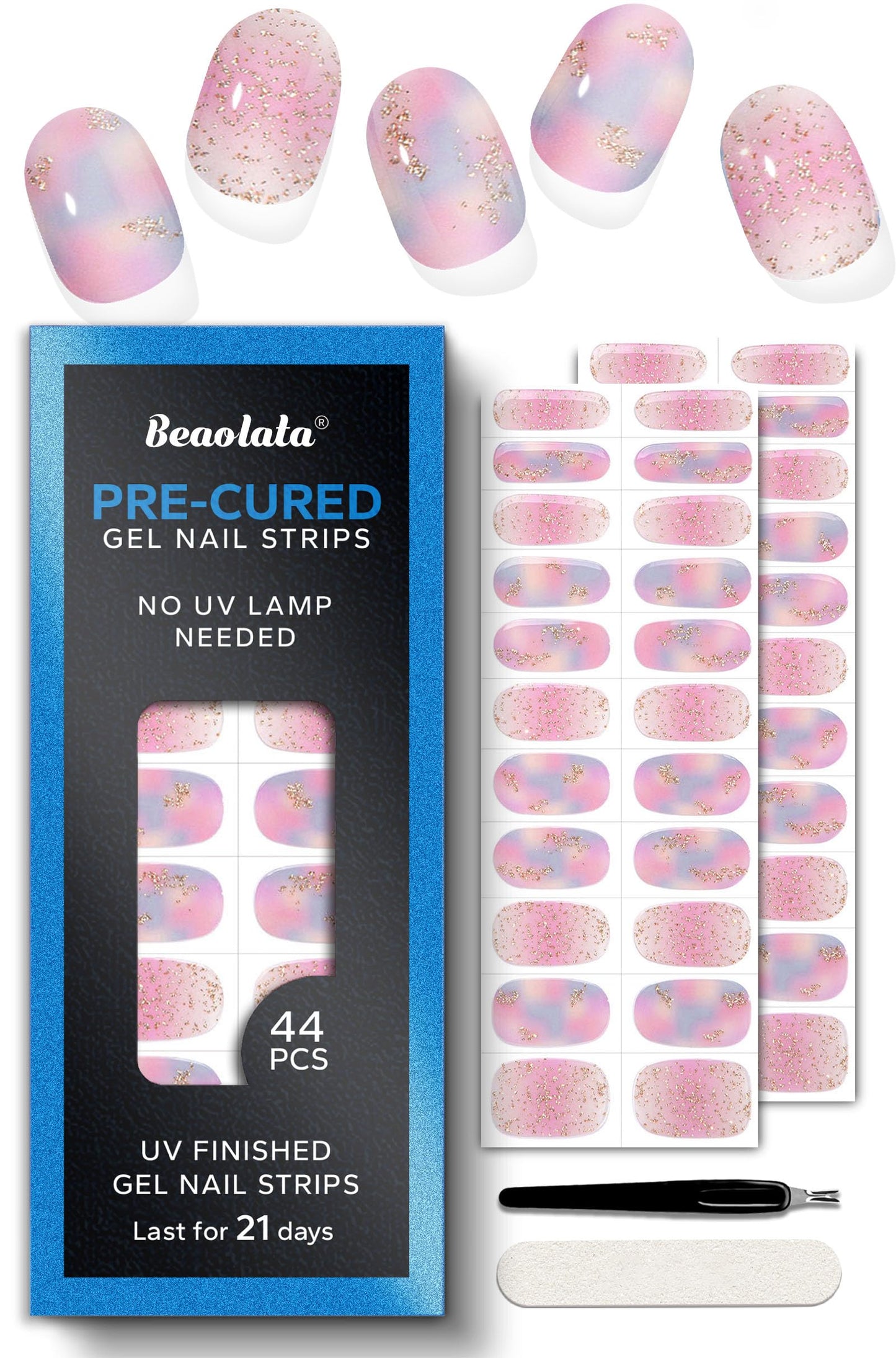 Beaolata Real Gel Nail Strips (No UV Light Needed) - 44Pcs Salon Quality Nail Stickers - Long Lasting Polish Wraps for Women, Easy Apply & Remove (Dusk Pink