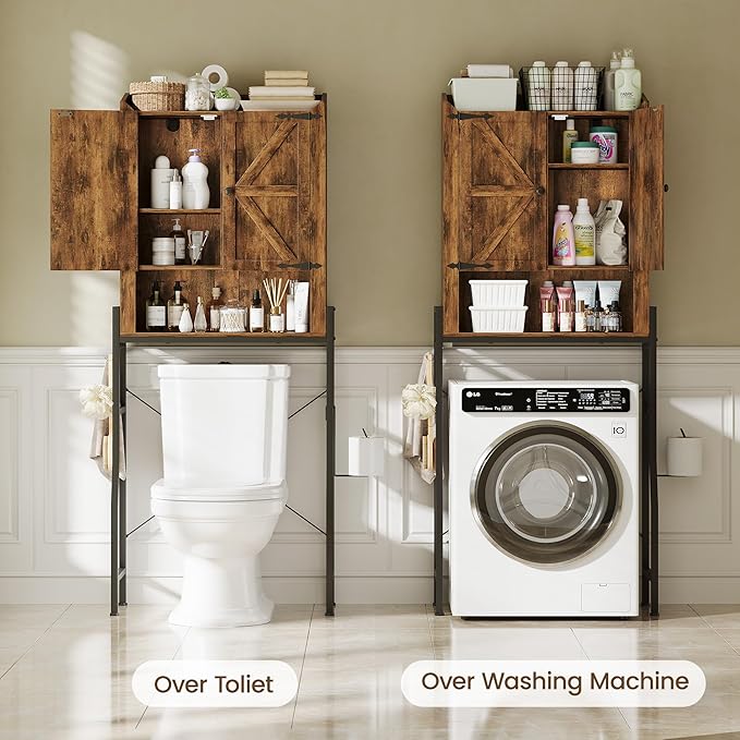 Over The Toilet Storage Cabinet, Over Toilet Organizer with 2-Door & Metal Stand, Bathroom Organizers and Storage with Adjustable Shelves for Bathroom, Restroom, Laundry, Rustic Brown