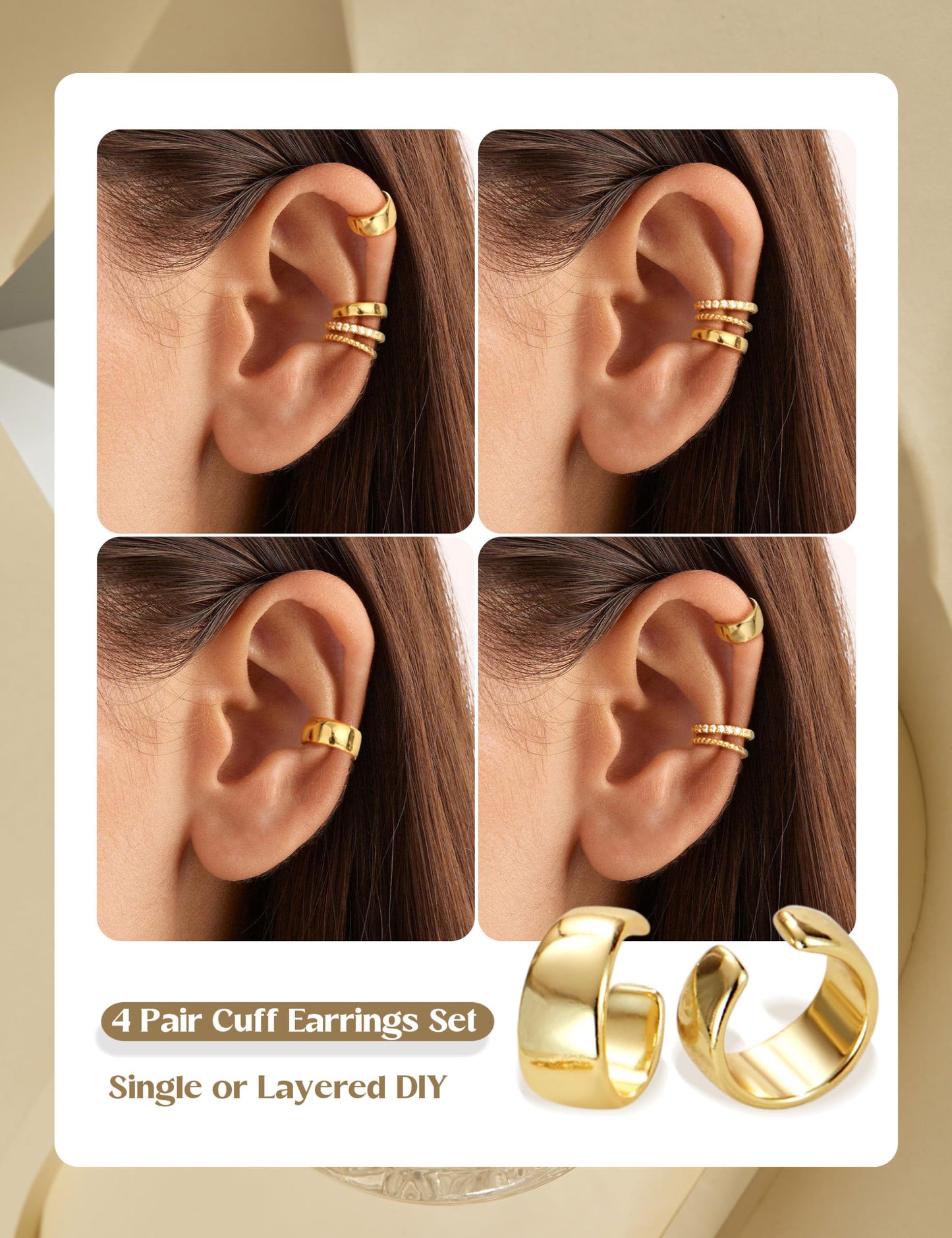 LOLIAS 4 Pairs Ear Cuffs Non Piercing - 14K gold plated Ear Cuff Earrings for Women Ear Cuff for Non Pierced Ears Clip on Cartilage Earring Chunky Adjustable Fake Earrings Set