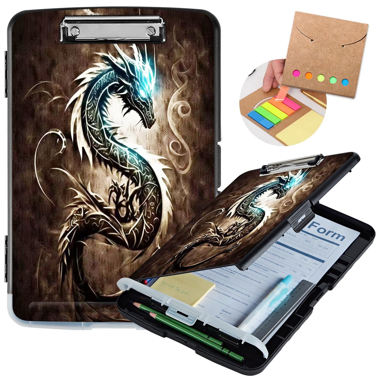 Clipboard with Storage,Heavy Duty Plastic Storage Clipboard with Low Profile Clip,Teacher Must Haves,Office Supplies,Dragon