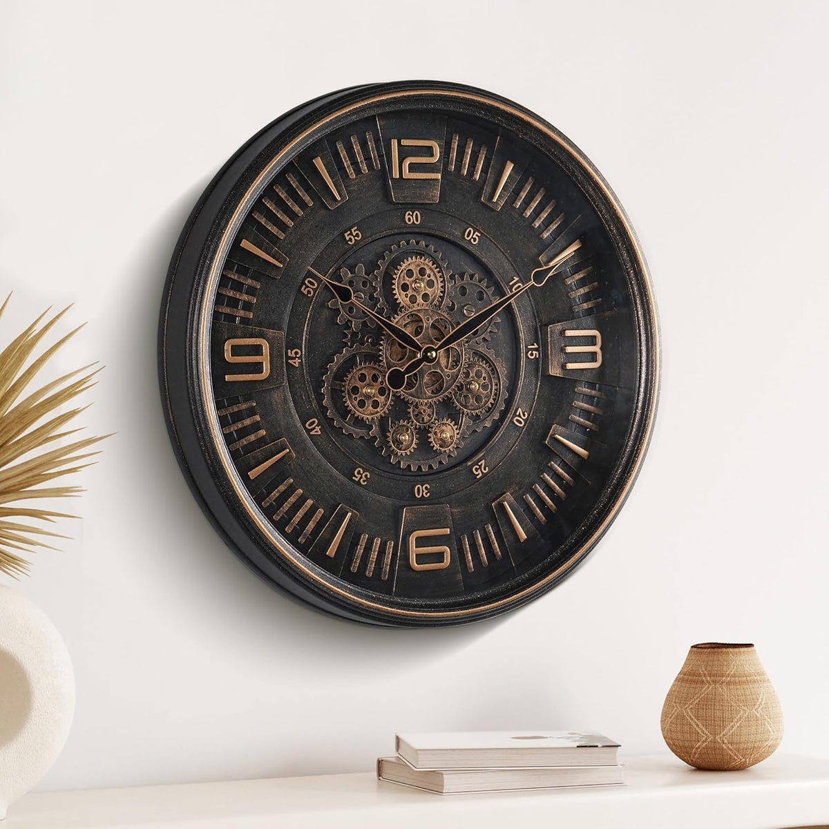 Maxstar Large Vintage Moving Gear Wall Clock, 20''Battery Operated Industrial Steampunk Metal Decor for Living Room, Office,Fireplace, Farmhouse(Arabic Number-Bronze)