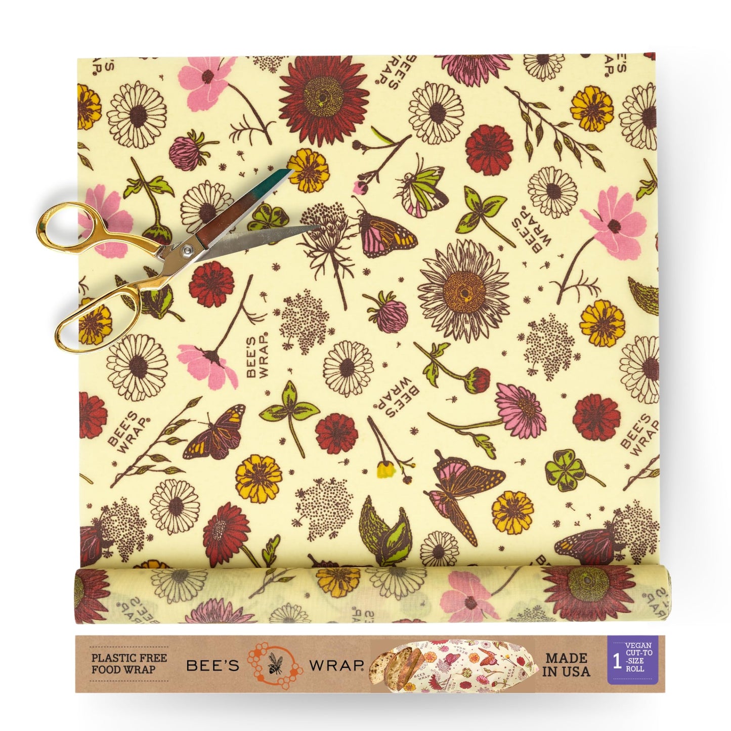 Bee's Wrap Vegan Beeswax Wraps for Food - Cut to Size 14x52" Beeswax Wrap Roll - Plastic Free Made in USA Reusable Natural Food Wrap - Meadow Magic