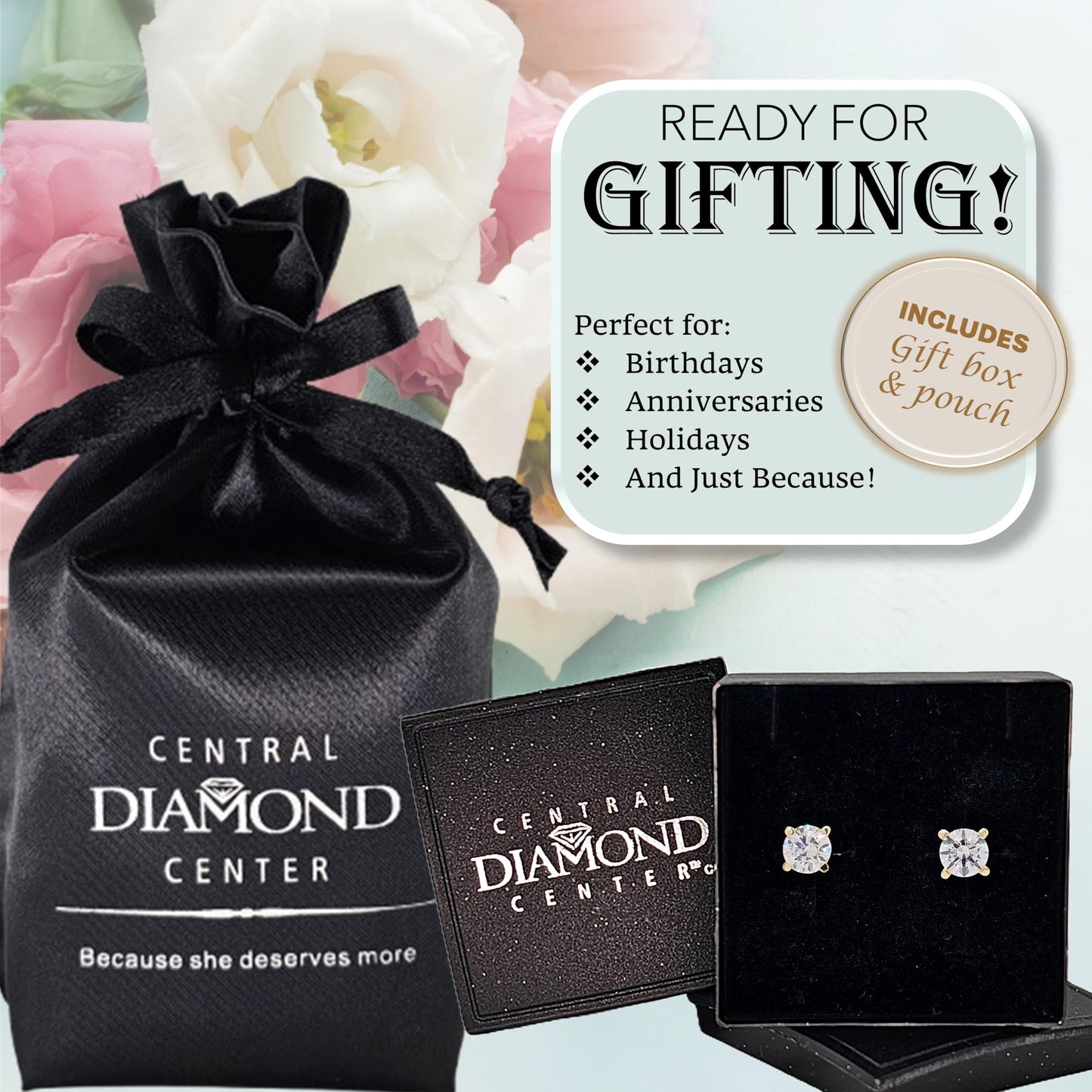 Central Diamond Center 14K Solid Gold Post & Sterling Silver Made with Swarovski 4 Prong CZ Stud Earrings - Yellow Gold Plated - 5.50mm - 1.50cttw