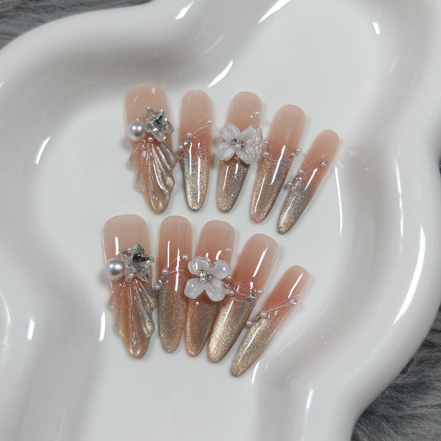 TENPAL Cat Eye French Tips Press on Nails Long Stiletto- Icy Glitter & Pearl Sweet Design, with Hand Carving, Reusable & Glossy False Nails for Effortless Glam(S)