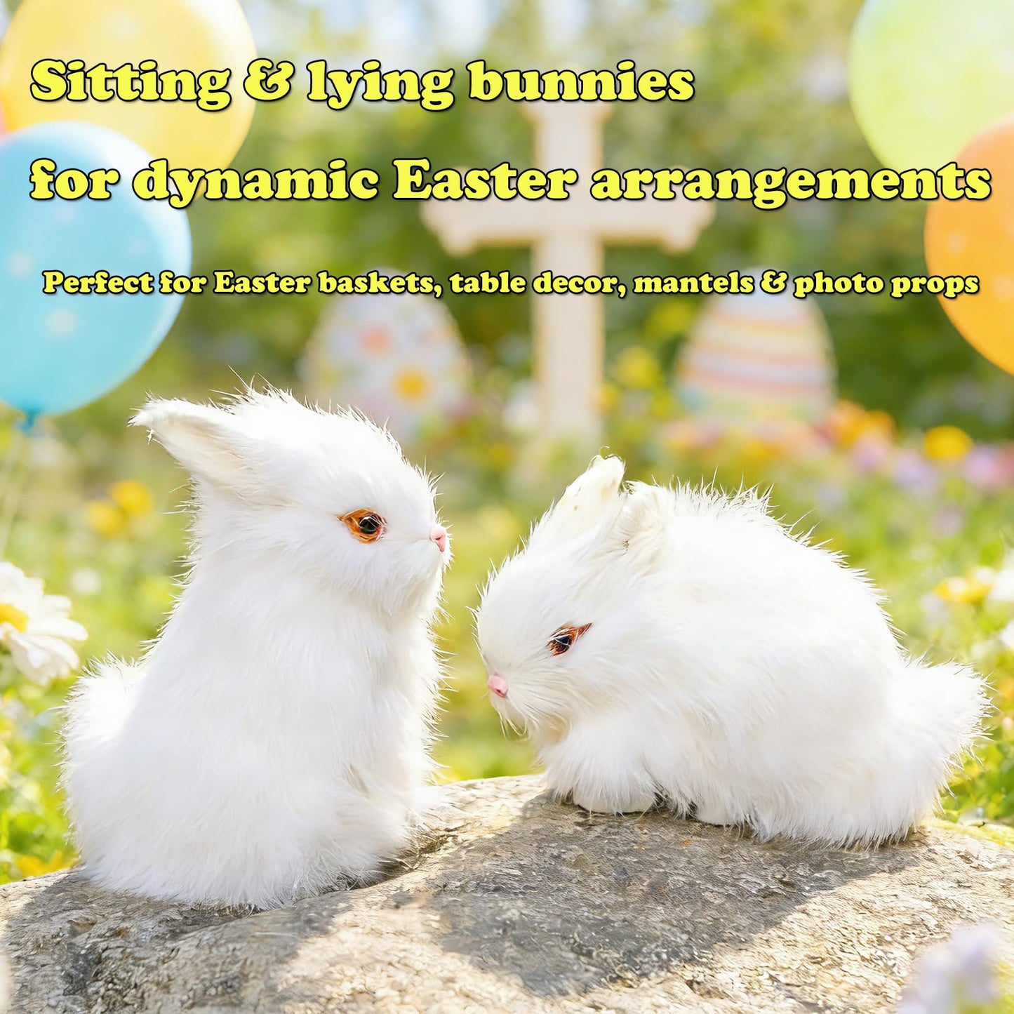 Basuo-9Q Easter Bunny Plush Figurines - 2 Piece Realistic Rabbit Stuffy for Easter Decor, Spring Basket Fillers, Home Decoration, Photoshoot Props, (White)