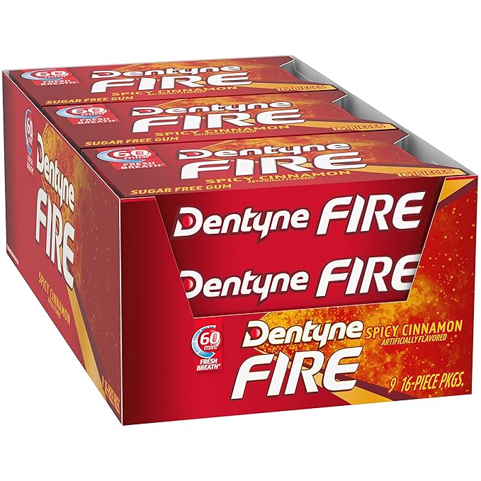 Dentyne Fire Spicy Cinnamon Sugar-Free Chewing Gum, Pack of 9 (144 Total Pieces)