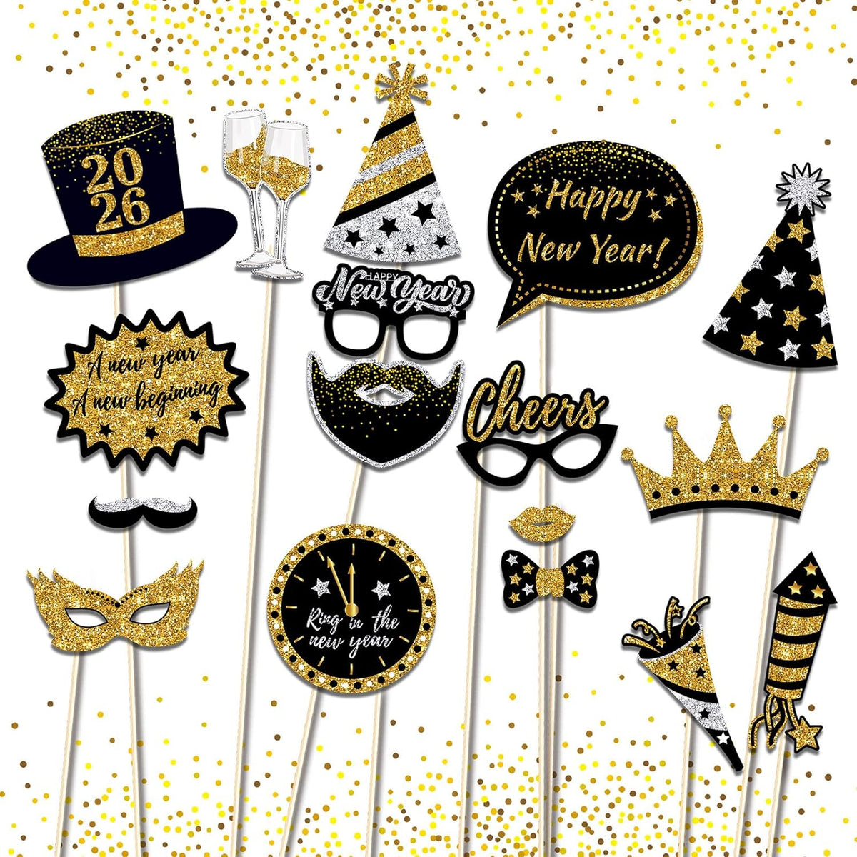 New Years Eve Photo Booth Props 2026, 30 Pcs Black Gold and Silver Funny New Years Eve Party Photo Booth Props for Happy New Year 2026 Party Decorations