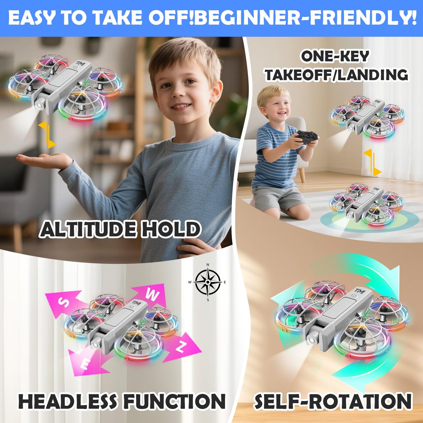 Mini Drone for Kids with 20 Cool Light Modes, Toy Drone with Guard, Altitude-Hold, 3D Flip, 2.4G Remote Control, 3 Speed Modes, 2 Batteries, indoor Outdoor Mini Quadcopter Toy for Beginners