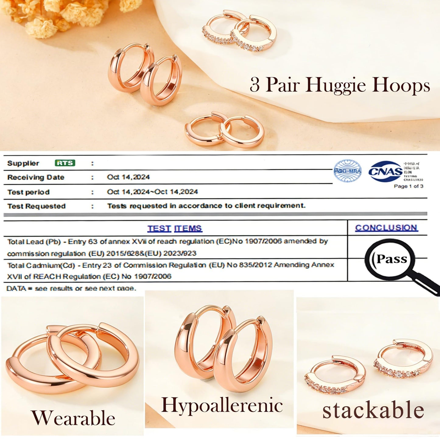 DORANA Rose Gold Earrings for Women Non Tarnish Small Huggie Earrings 925 Hypoallergenic Cartilage Stackable Sleeper Hoops Rose Gold Stacks Sets for Multiple Piercing,3 Pairs