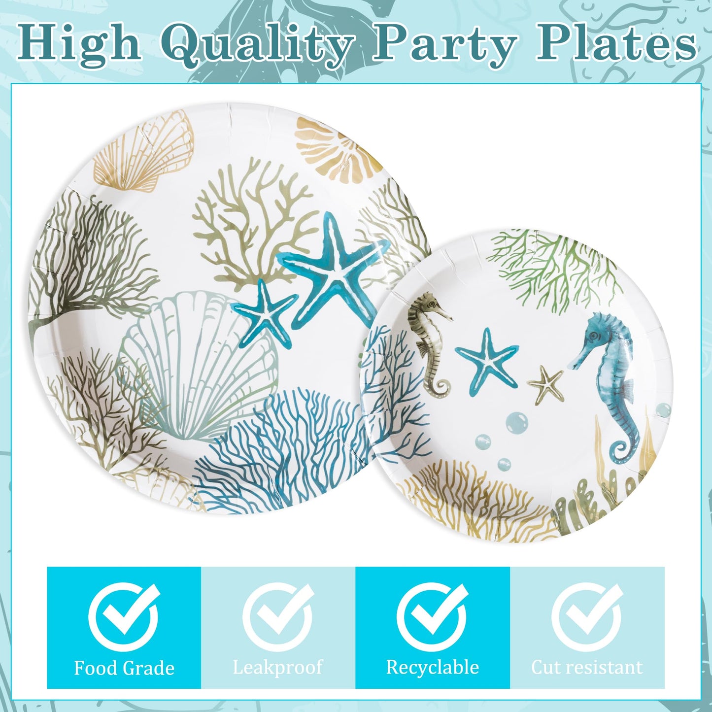 G1ngtar Ocean Seashell Party Decoration Set - Serves 24- 112Pcs Nautical Coastal Beach Summer Themed Tableware Disposable Plate Napkin Tablecloth Banner Card for Birthday Party Supplies