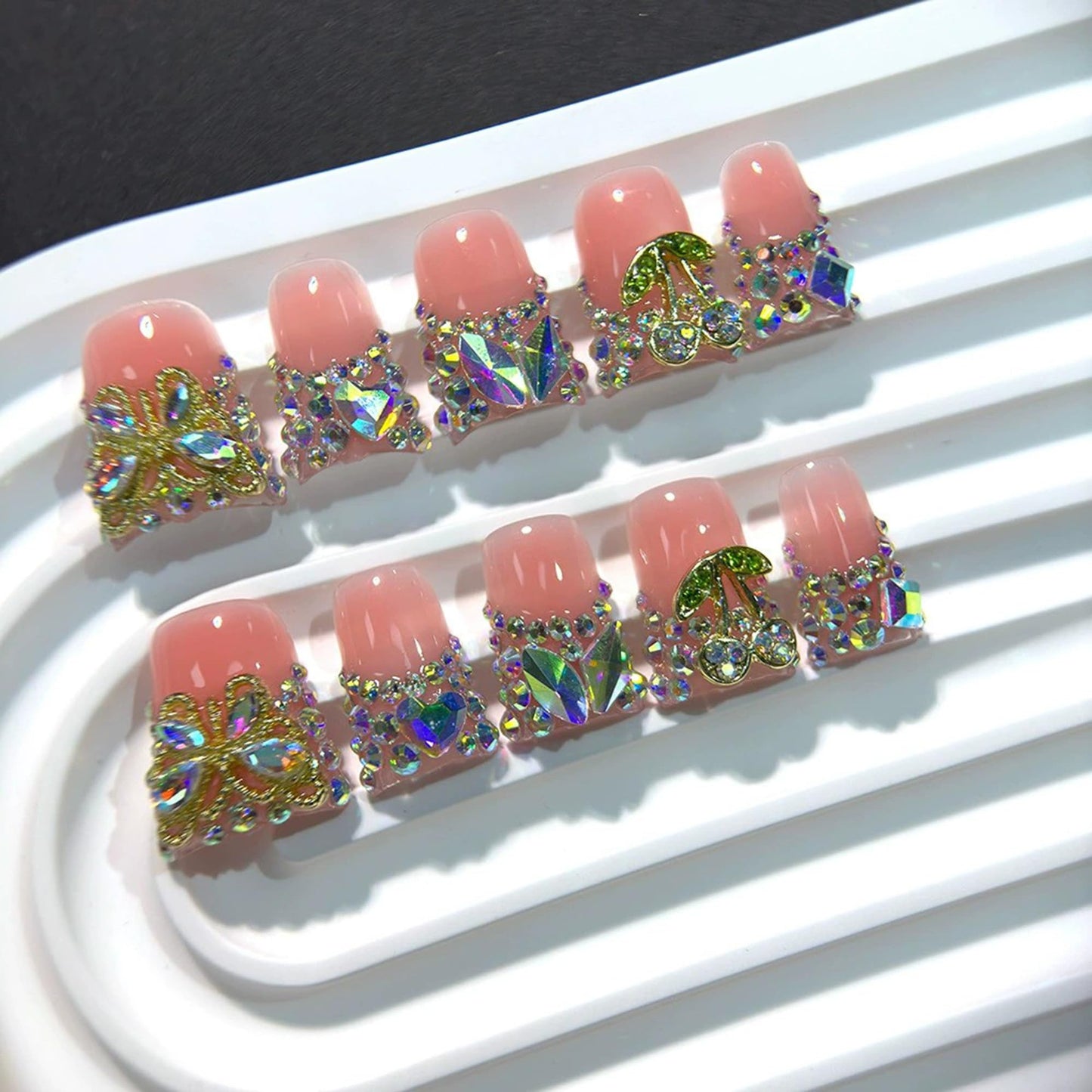 Handmade Press on Nails Luxury 3D Crystal Short Duck False Nails with Gold 3D Butterfly Designs Reusable French Tip Fake Nails Sparkly Pink Acrylic Stick on Nail for Women DIY 10Pcs(Size M)