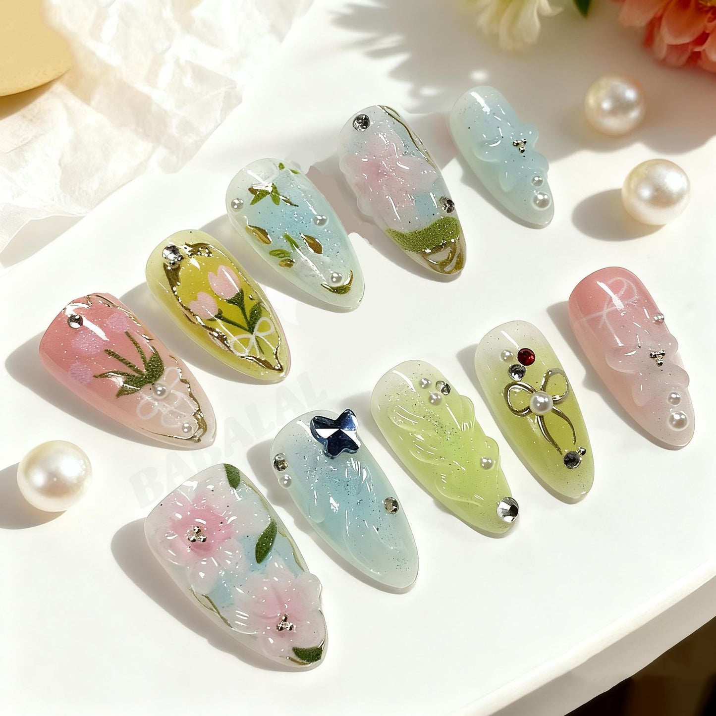BABALAL Spring Press On Nails Almond, Medium Fake Nails, Pink Green Ombre With 3D Floral & Butterfly 3d Handmade Design, Glue On Nails 30Pcs