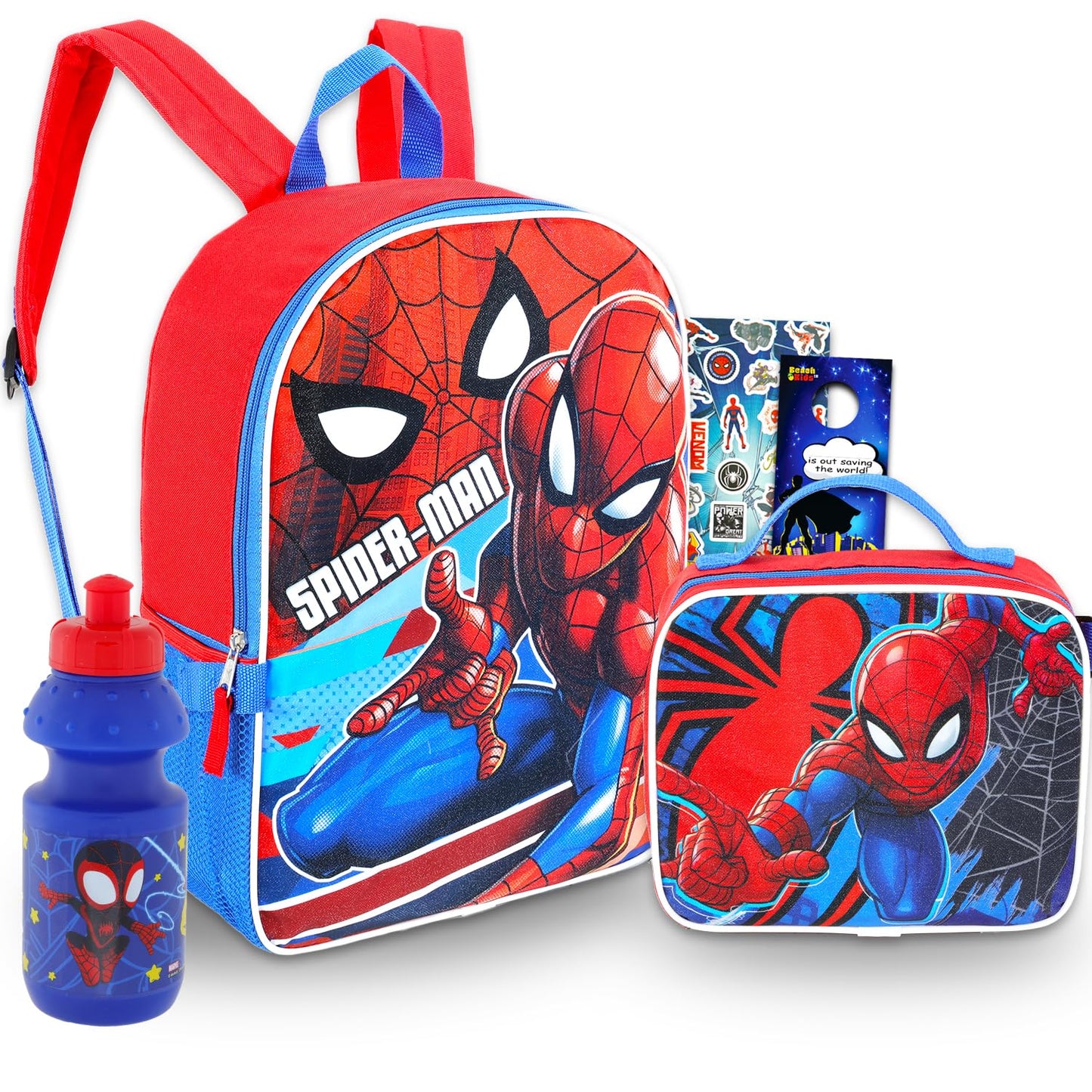 Marvel Spiderman Backpack with Lunch Box Set - 5 Pc Bundle of 15" School Bag for Kids, Lunch Bag, Stickers, More Spiderman School Supplies