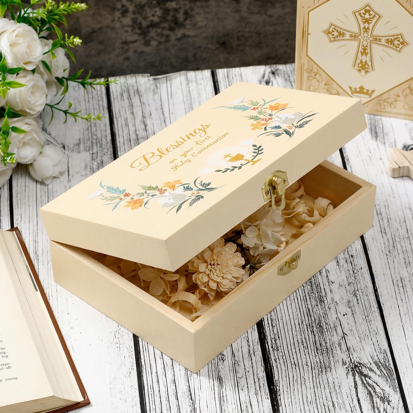 CroBlissful First Communion Wooden Box Keepsake Baptism Memory Box Gift 8.6 x 5.1 x 2.4 Inches First Holy Communion Jewelry Storage for Baptism Memory Keepsake(Floral)