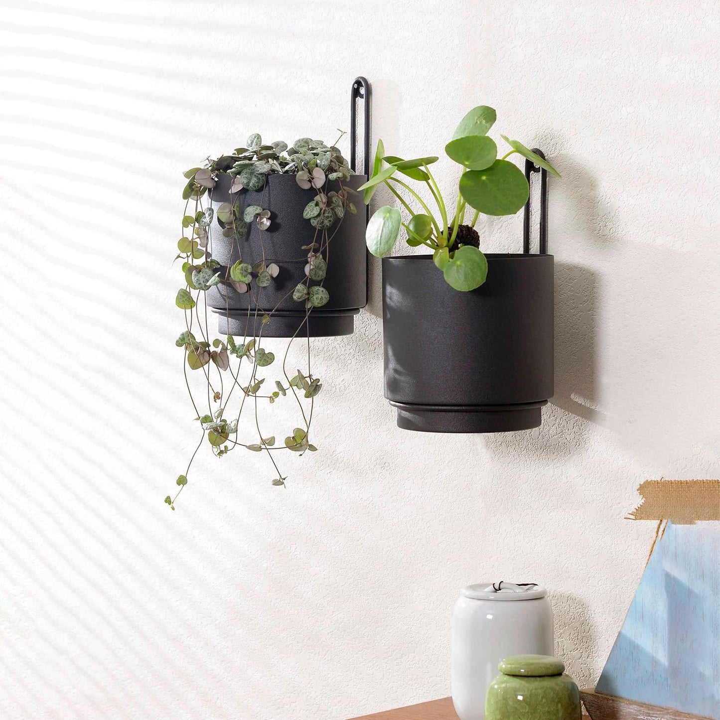 CISEANOL 2 Pcs Wall Mounted Hanging Planter Vase for Indoor and Outdoor Plants Modern Metal Wall and Ceiling Planter Minimalist Flower Pot (Black, 5.91 inch)