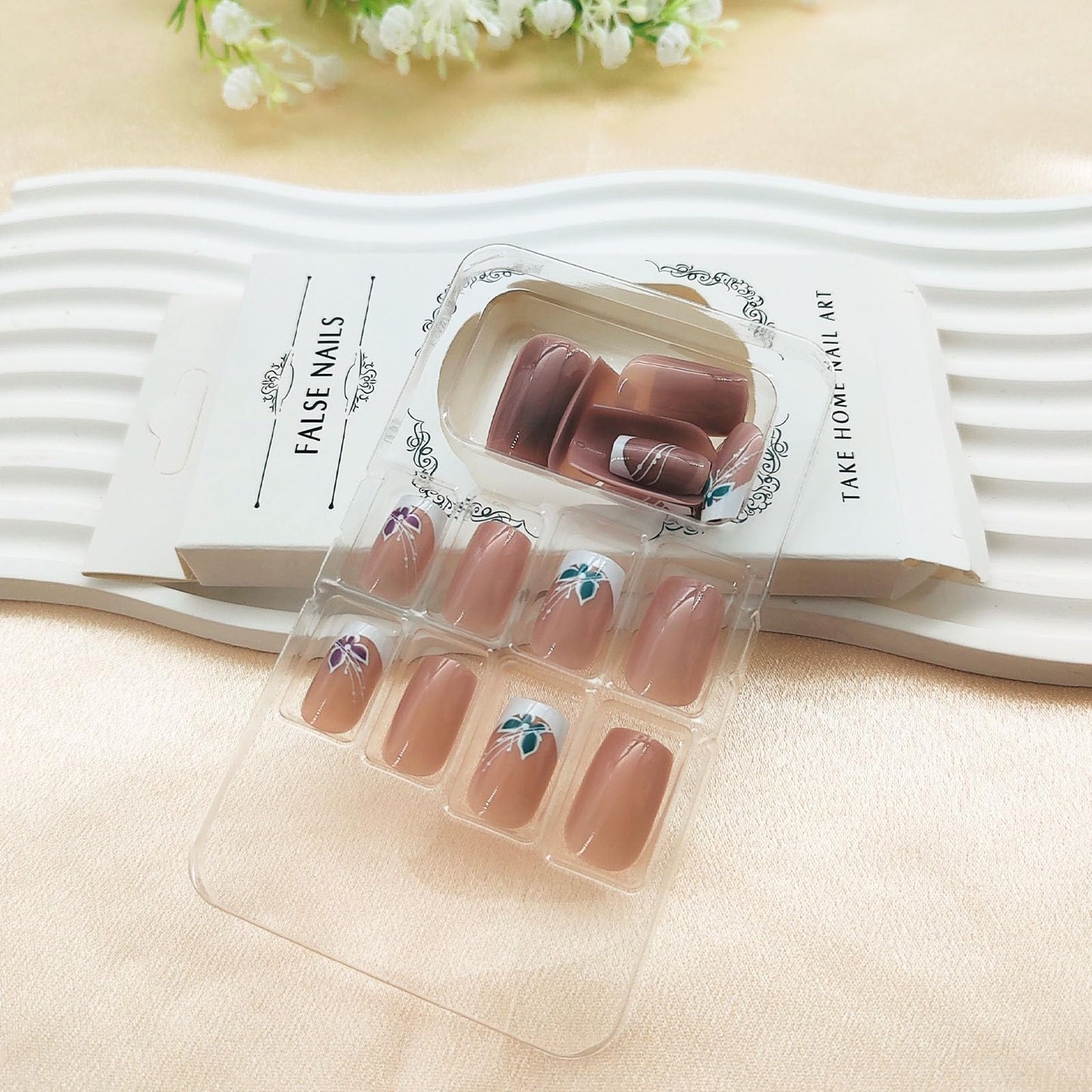 White French Tip Press on Nails Short Medium Square Fake Nails Press ons Glossy Pink Blue Butterfly False Nail Tips Nude Artificial Nails Finger Manicure Decorations for Women Girls 24 Pcs