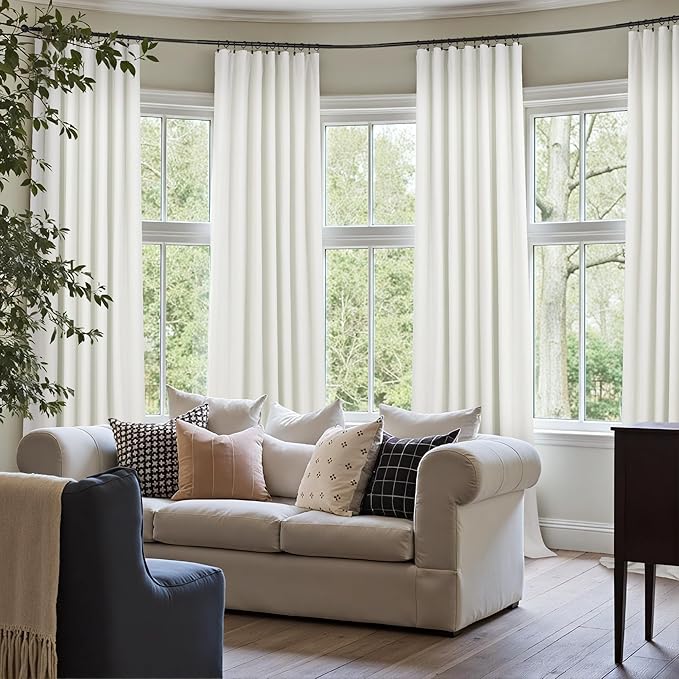 Pitalk Bedroom Blackout Curtains 63 Inches Long 2 Panel Thermal Curtain for Summer Heat Dining Living Room Darkening Back Tab Short Drapes for 62 Inch Window Length Boho Linen Textured Ivory Off White