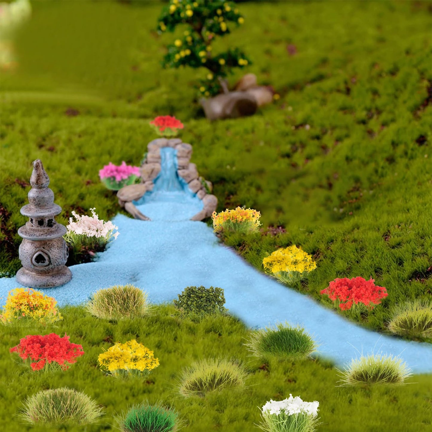 Draupnir 129 Pcs Static Grass Tuft Model Flower Vegetation Groups Self Adhesive Artificial Model Miniature Flowers Cluster for Train Landscape Terrain Railway Scenery Sand