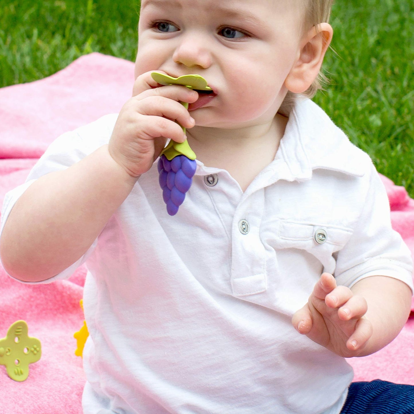 Award Winning Original Teethin’ Smart EZ Grip Fruit Teether by Innobaby - Sore Gum Relief for Front Teeth & Molars with BPA Free Teether Sensory Toy for Babies & Toddlers - Grape/Citrus/Berry