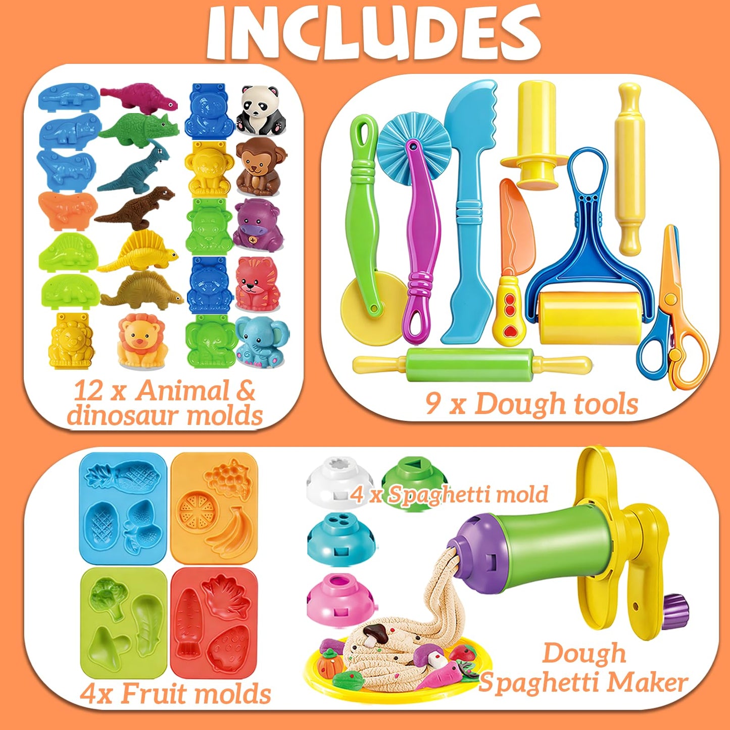 31 Pcs Dough Tools, Dough Play Tools Set + Kitchen Spaghetti Maker Machine Clay and Dough Accessories with Rolling Pins, Clay Cutters, Safety Scissors, 3D Dino & Animal & Fruit Molds