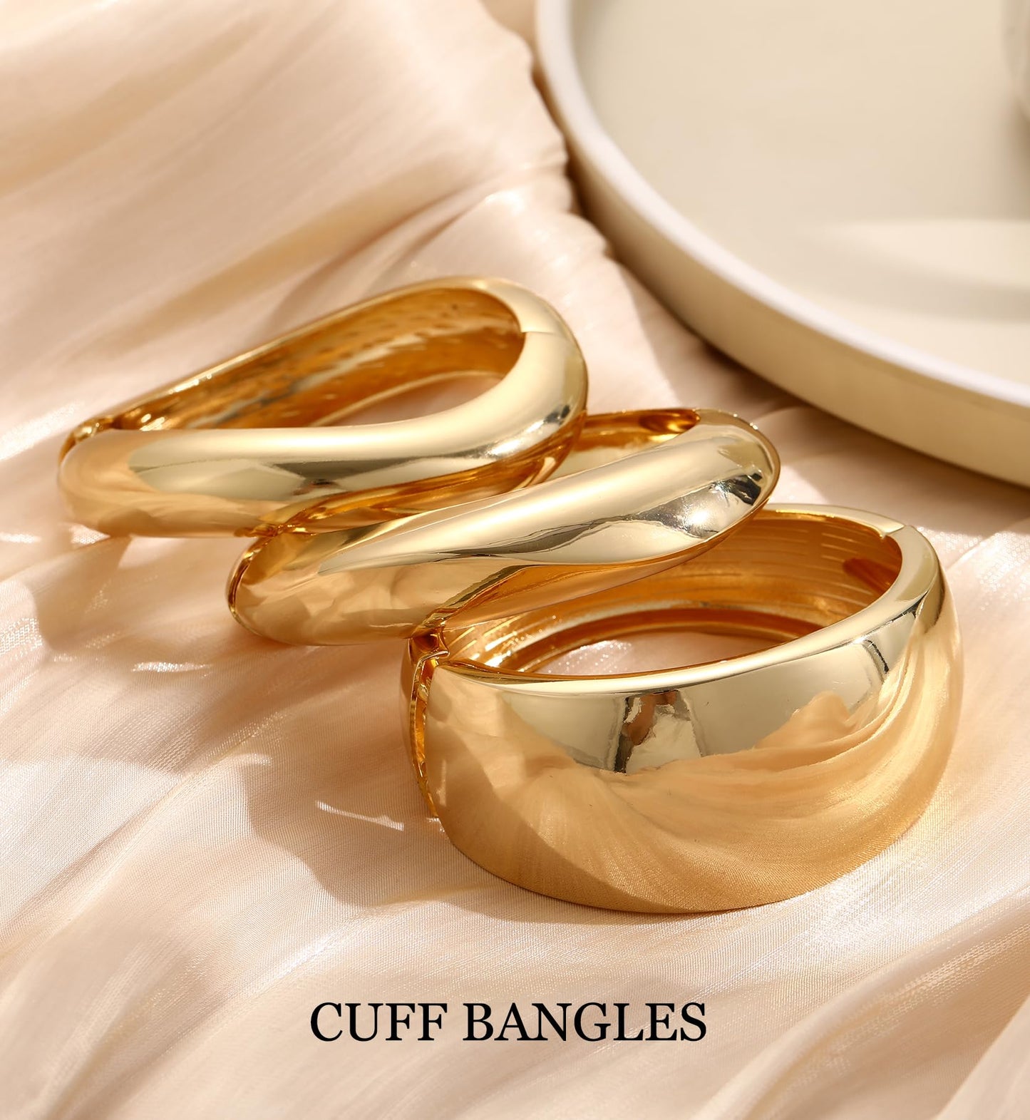 Chunky Gold Bangle Bracelets for Women, 14k Gold Plated Dainty Cuff Stackable Bangles Set, Trendy Bracelet Stack Fashion Jewelry Gifts (02-GOLD)