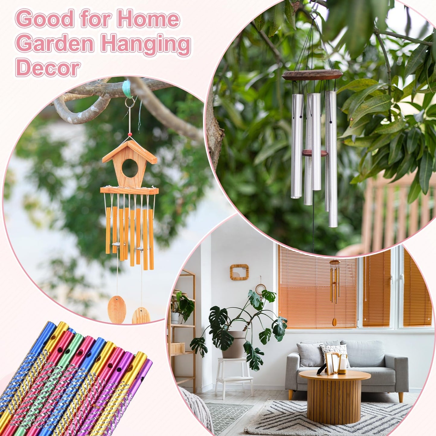 M METERXITY 50-Pack Wind Chime Tubes, Aluminum Wind Chime Empty Tubes with String, Metal Wind Bell for Adults Arts and Crafts/DIY Home Garden Outdoor Hanging Decorations [0.6x8cm, Yellow]