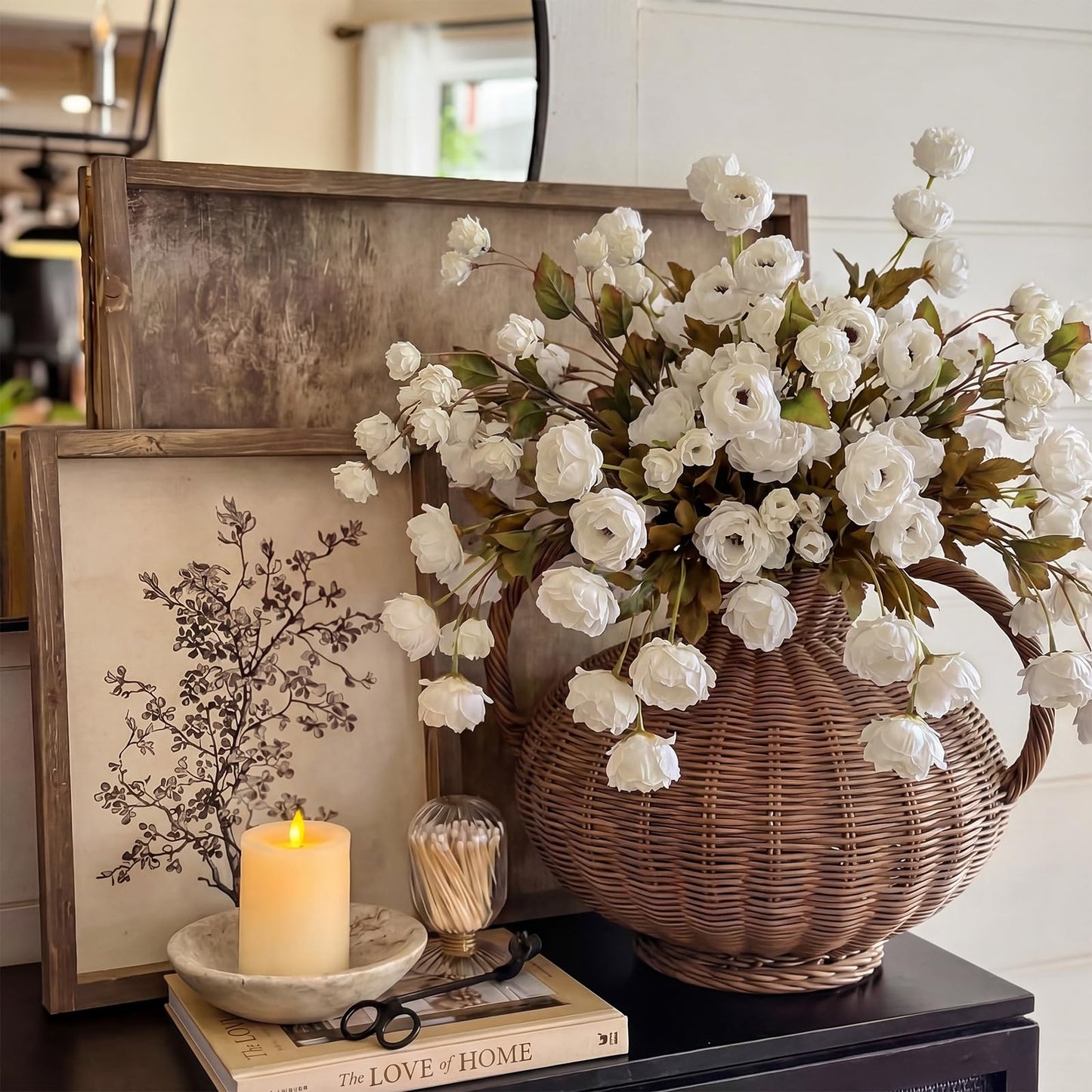 Wavyknot 8 Pcs Artificial Peony Flowers Stems, Faux Peony Bouquet with Hop Branches, Silk Flowers for Vase Spring Wedding Table Centerpiece Farmhouse Home Decor(Cream White)