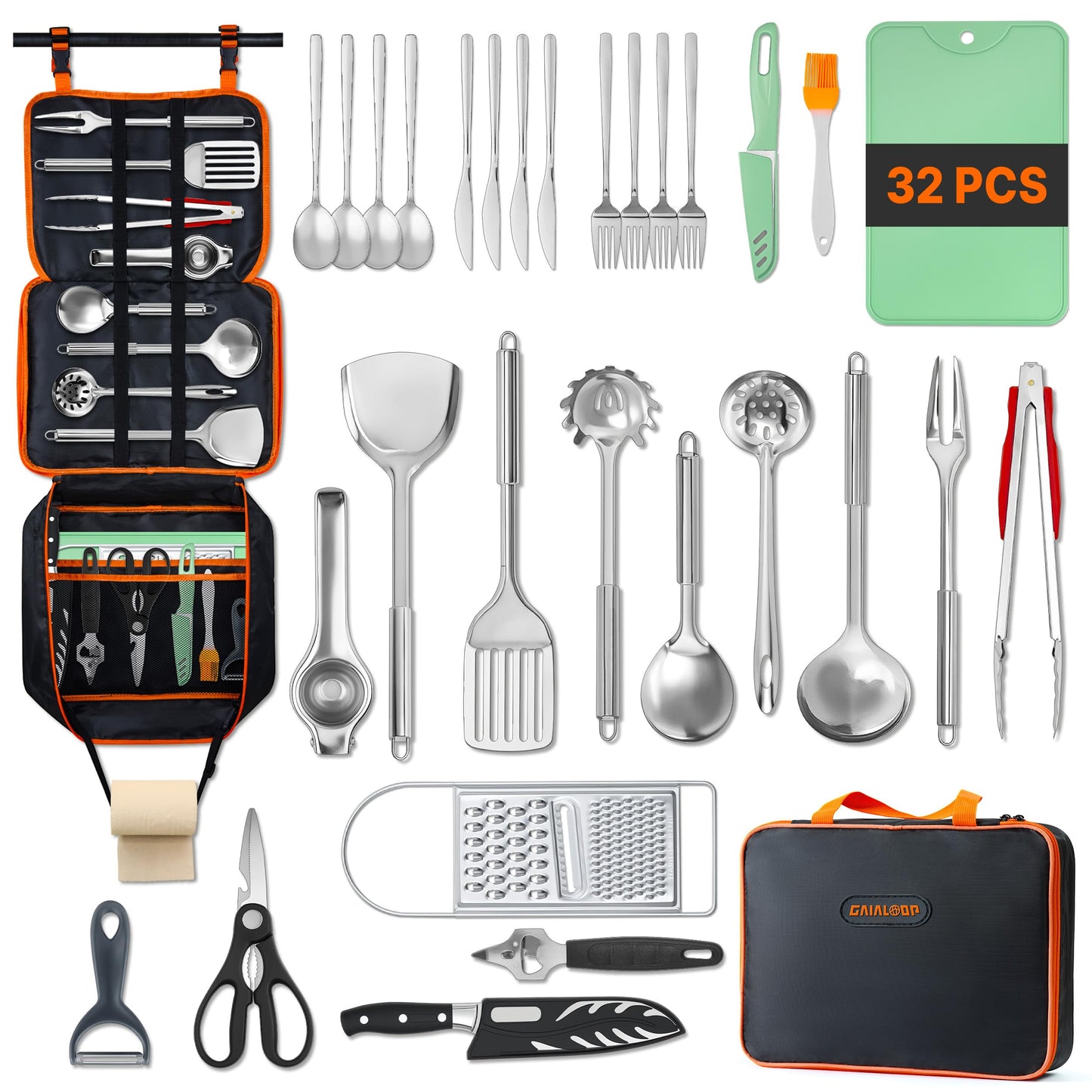 GAIALOOP Camping Cooking Utensils Set 32 PCS Camp Kitchen Cookware Kit with Organizer Bag, Portable RV Camping Essentials Camper Must Haves for Cookouts Open Fire Pit