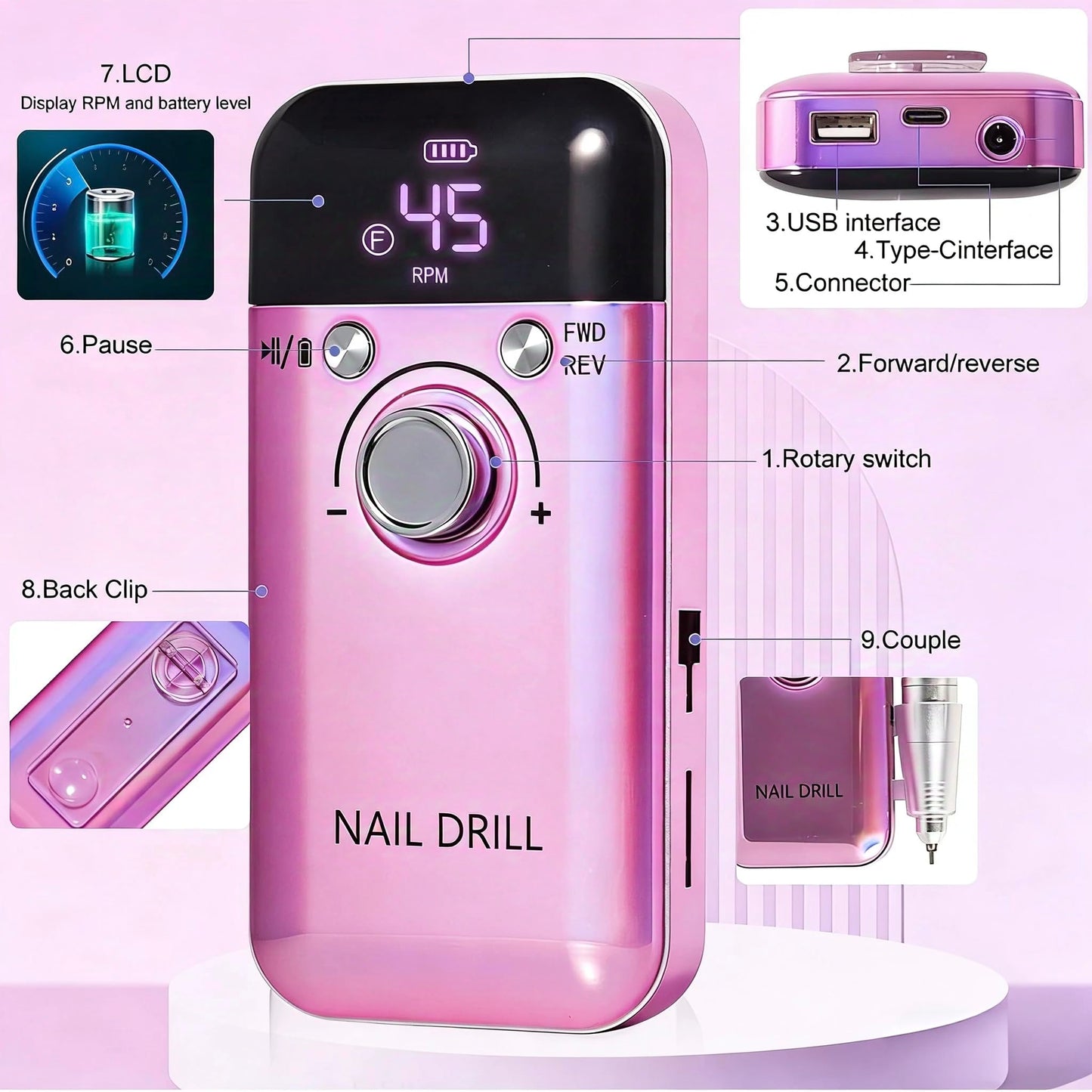 TWOEIGHT Electric Nail Drill Machine 45,000RPM - Professional Electric and Rechargeable Nail Drill with LCD Display, 12 Bits , Low Heat Quiet E-File for Acrylic Gel Nails - Salon & Home Use