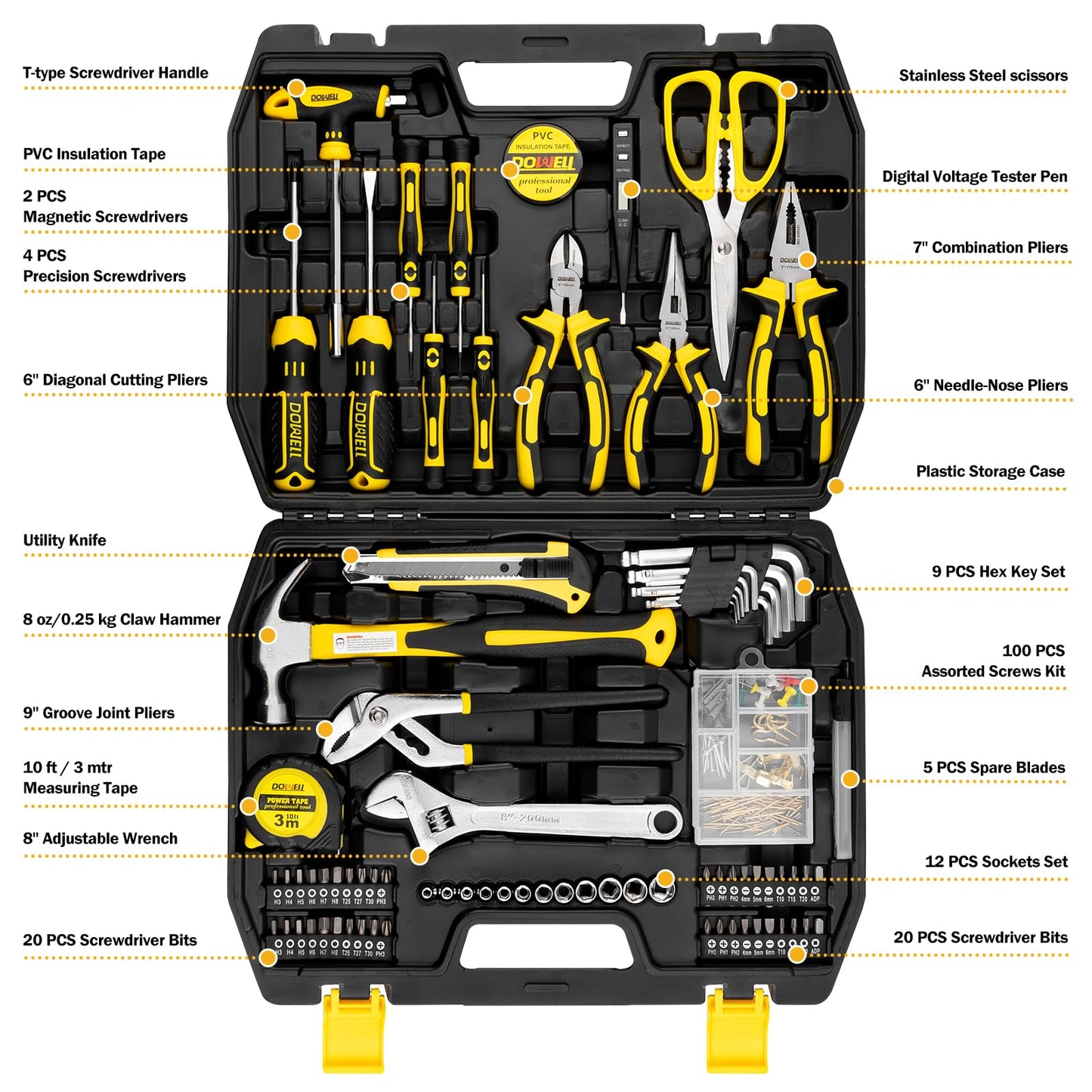 DOWELL Tool Set 185 Piece, General Household Tool Kit, Hand Tool Kit with Toolbox Storage Case for Home Repair
