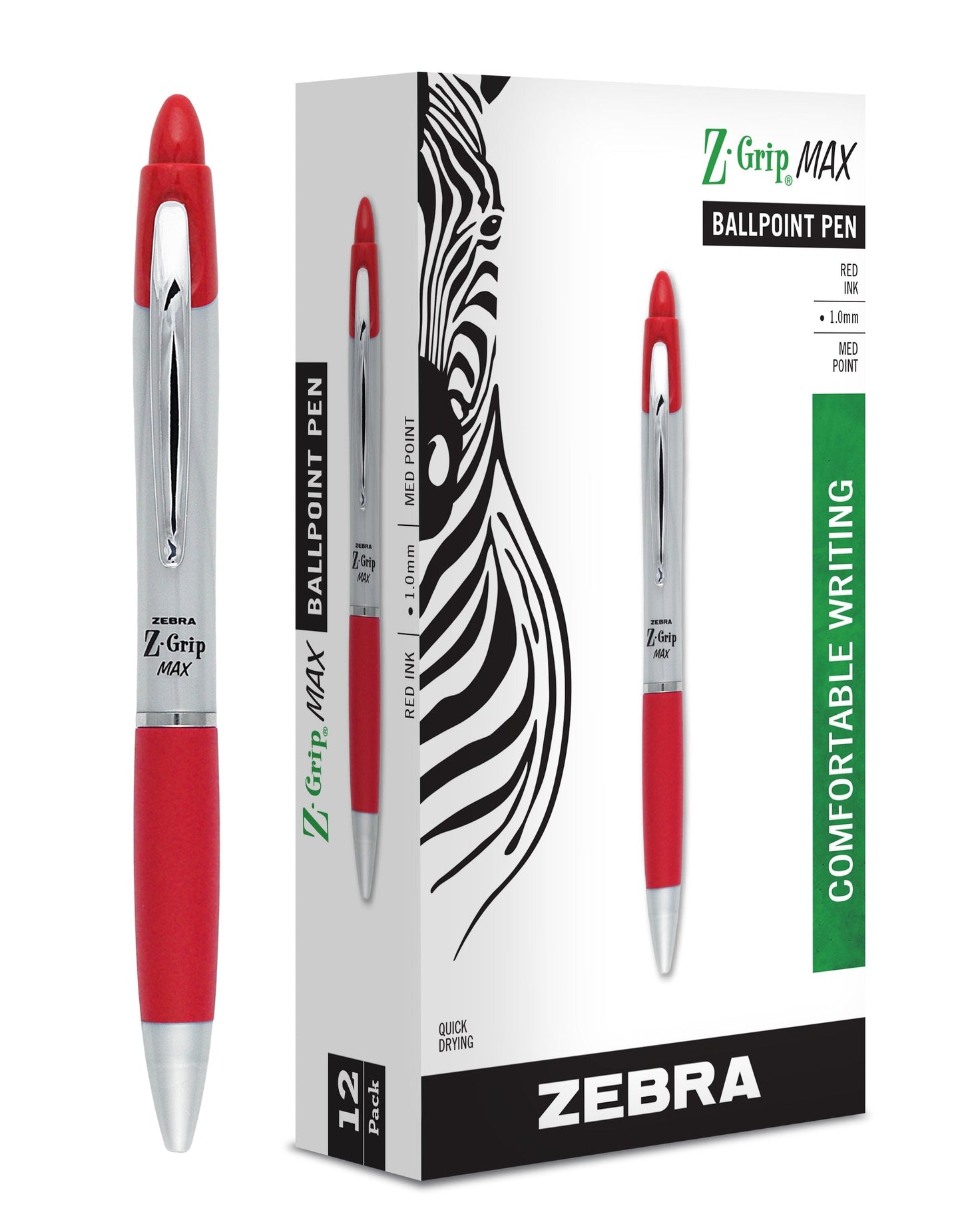 Zebra Pen, Z-Grip MAX Retractable Ballpoint Pens, Red Ink, 1.0mm Medium Point, Wide Barrel with Comfortable Grip, Silver Barrel, Metal Clip, 12-Count, (22430)